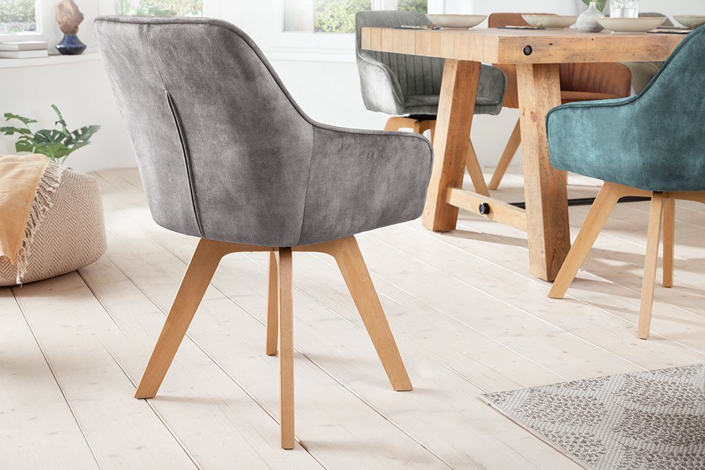riess-ambiente Polsterstuhl LIVORNO grau/natur – Samt, drehbar, Holz-Beine, mit Armlehne (Einzelartikel, 1 St), mit 180° Drehfunktion und Autoreturn – ideal für Dein Esszimmer