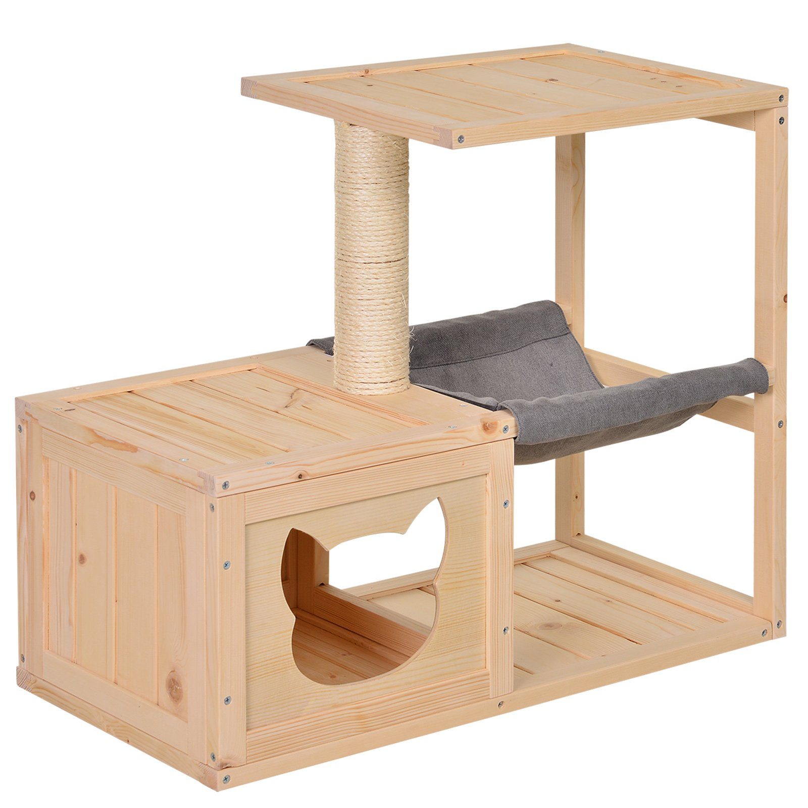 PawHut Tierbett Katzenhaus mit Hängematte, Katzenhöhle, Katzenbaum, Natur, Sisalseil, Baumwollstoff, 70L x 35B x 60H cm