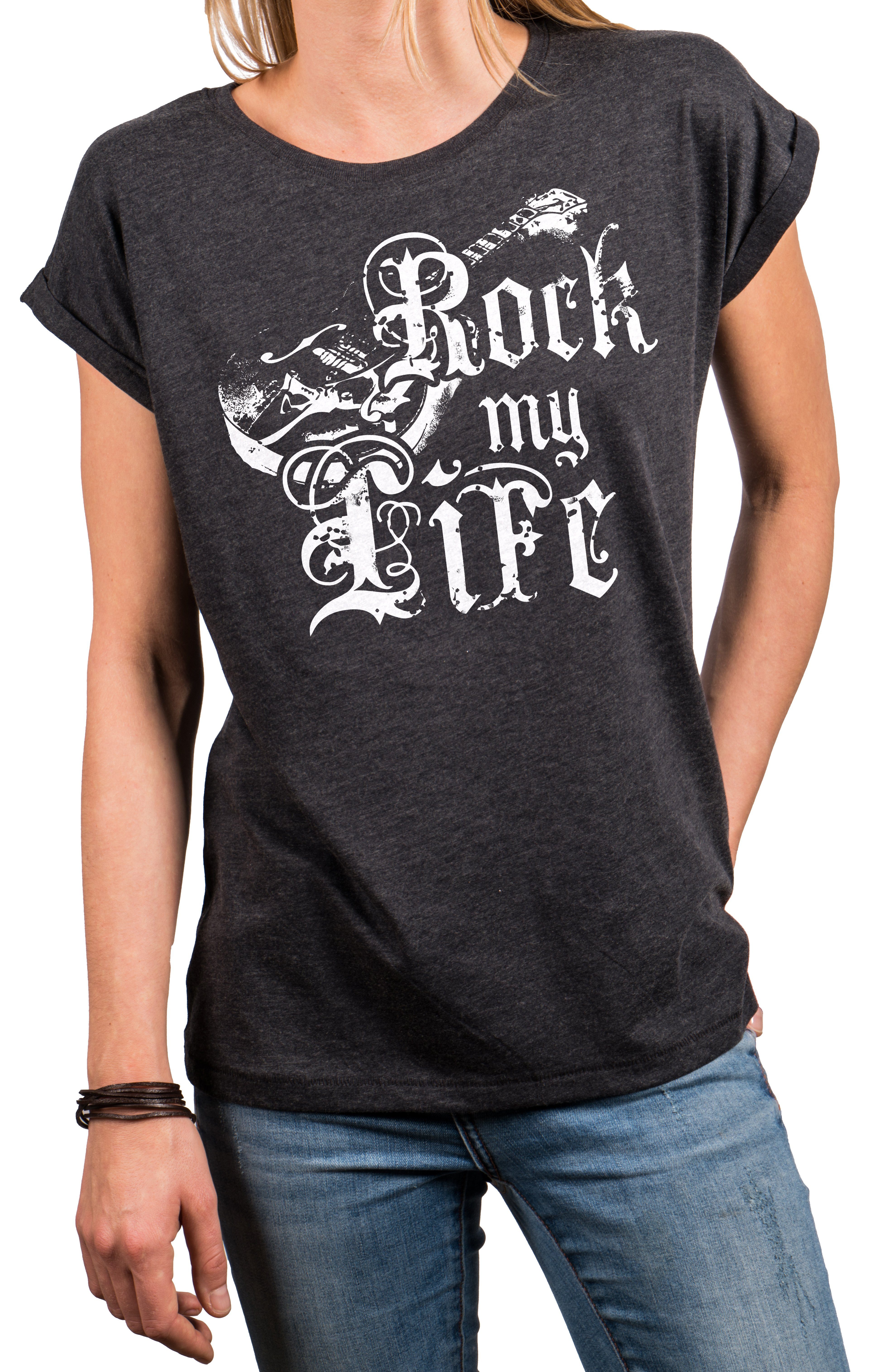 MAKAYA Print-Shirt Ausgefallene T-Shirts Damen lässige Oberteile Top Gitarrenmotiv Tunika (Rock Band Motiv, schwarz, grau, rosa, blau) Baumwolle, große Größen