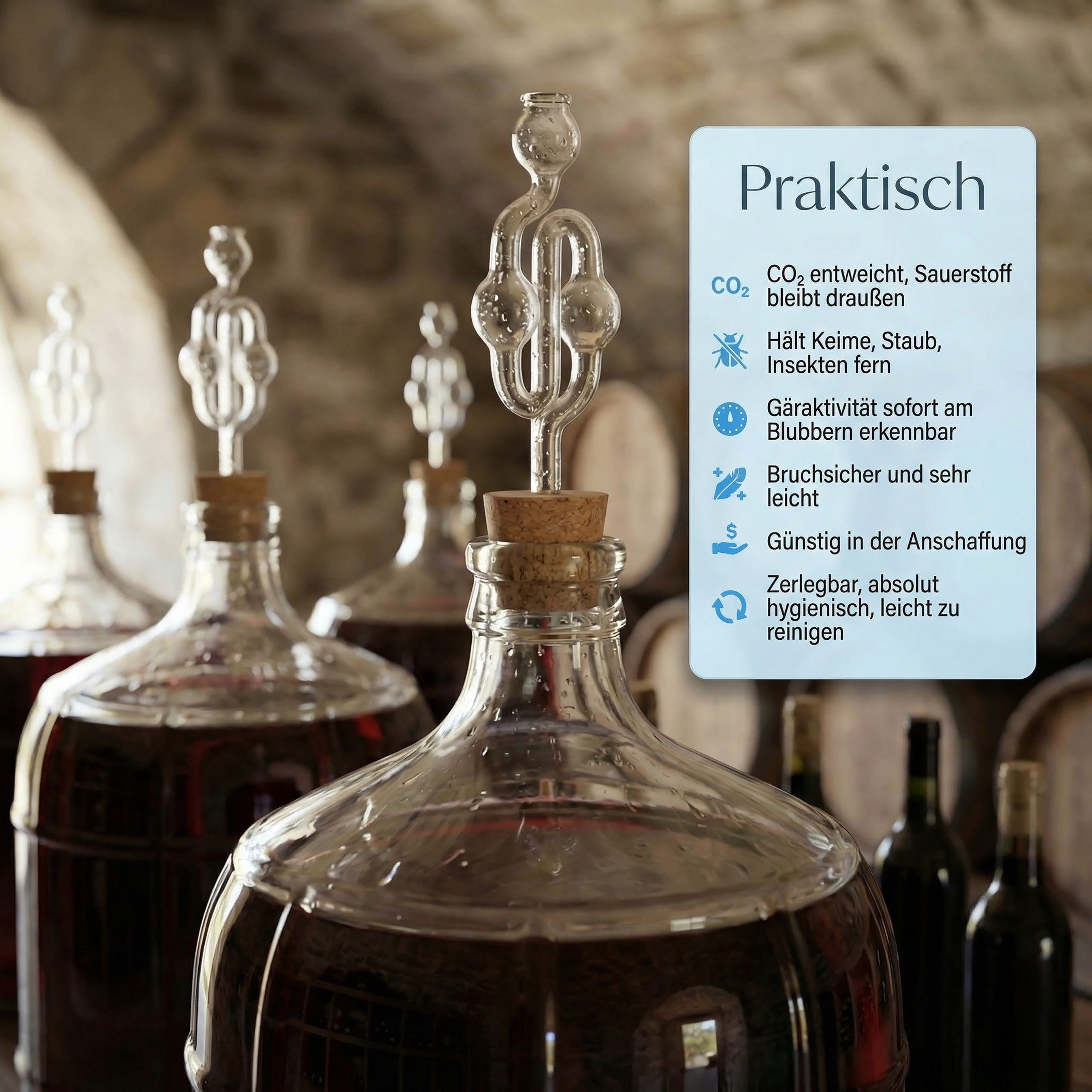 Lantelme Weinthermometer 3 Gärröhrchen Glas 20cm Gärspund für Bier Wein Most Herstellung, 3 Stück Gärrohr Set, Deutsche Herstellung, für Gummistopfen, Gärkappen mit 9mmBohrung