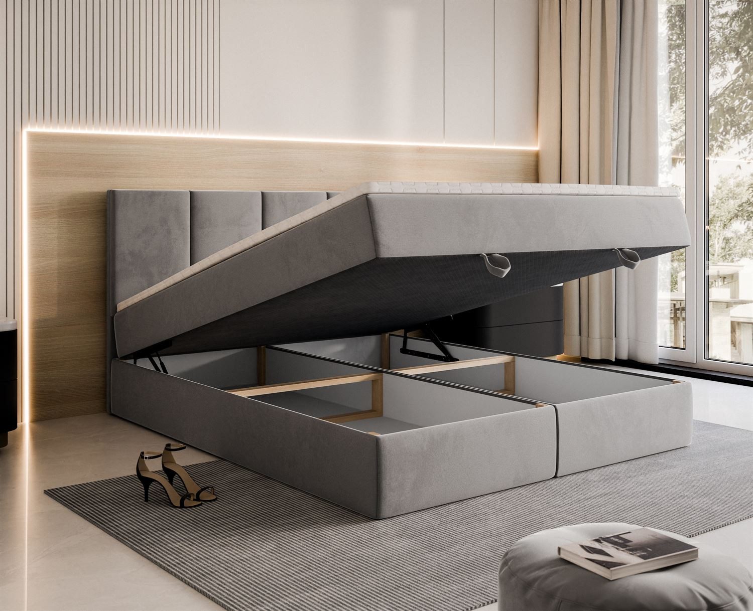 Lookway Boxspringbett ELZA – Komfortables und modernes Polsterbett für jedes Schlafzimmer (mit Bettkasten und Matratze), komfortabel gepolstertes, hohes Kopfteil