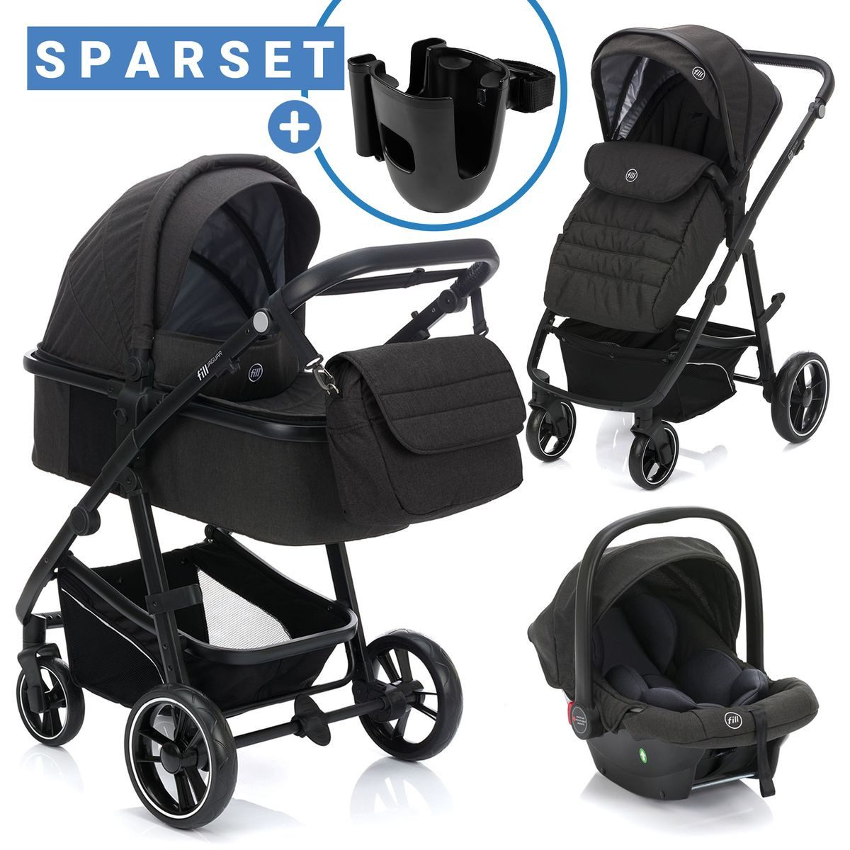 Fillikid Kombi-Kinderwagen Fill Jaguar - Dunkelgrau Melange, 3in1 Kinderwagen mit Babyschale, Babywanne, Sportsitz & Wickeltasche