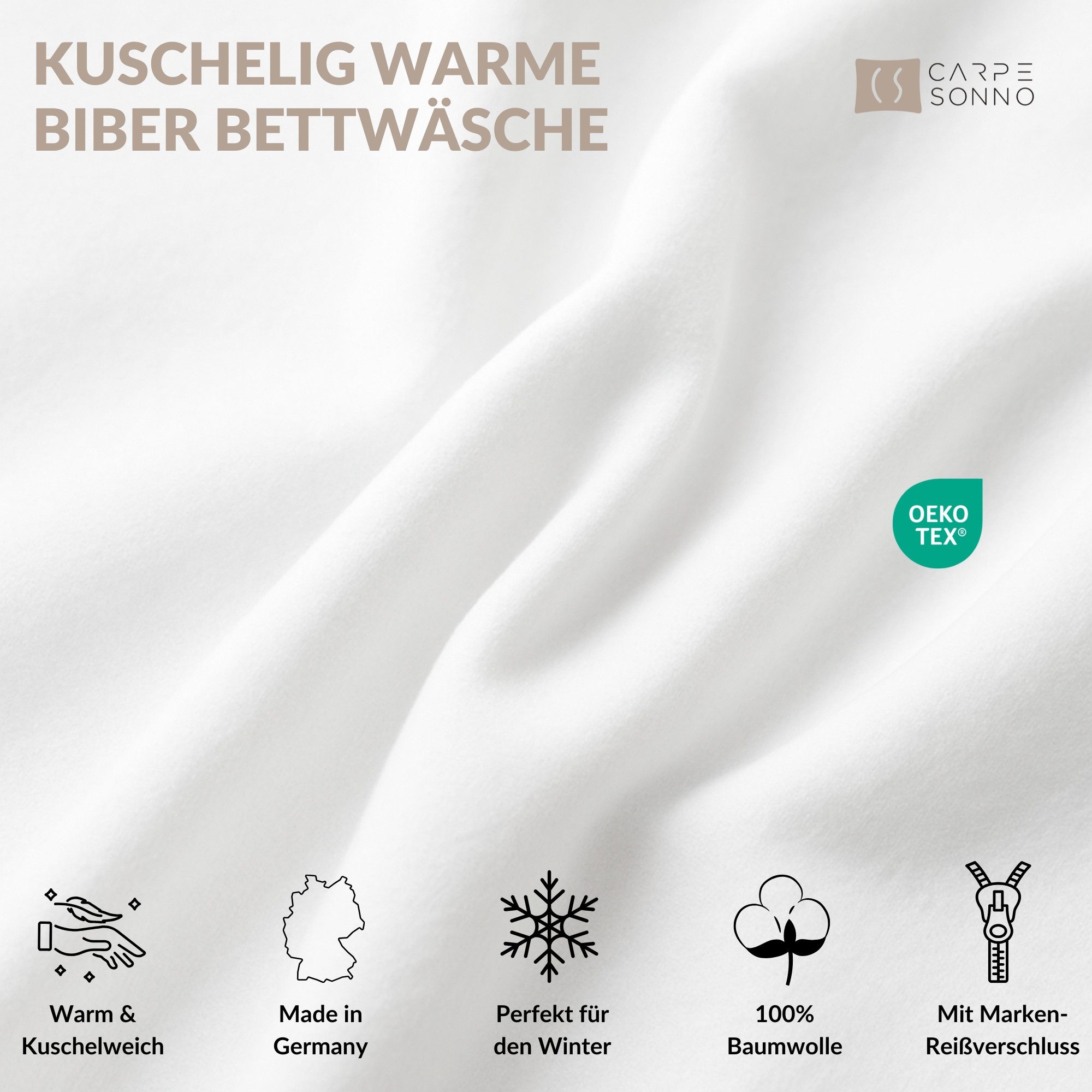 Carpe Sonno Bettwäsche Warme Biber Bettwäsche 135x200 155x220 - 100% Baumwolle Winter Flanell, Biber, 2 teilig, MADE IN GERMANY - Flauschige Feinbiber Winterbettwäsche Weiß 135 x 200