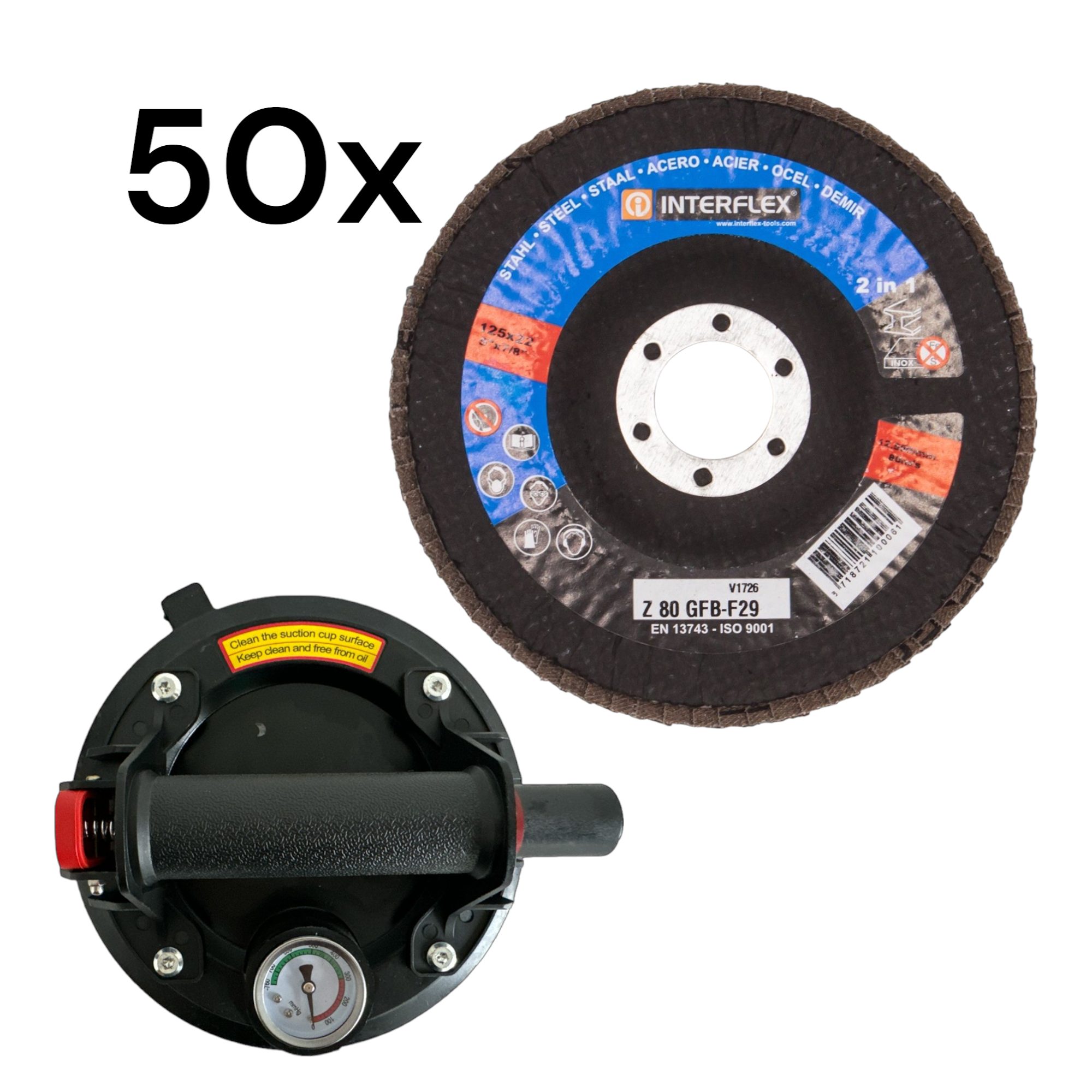 Plattenheber Vakuum Saugnapf + 50x Fächerschleifscheibe 125mm Korn 80, -]