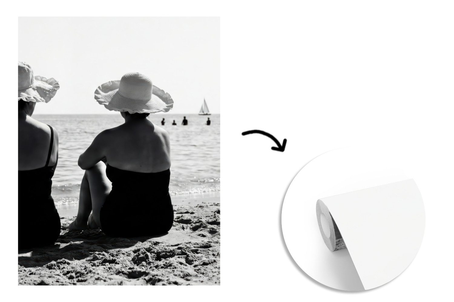 MuchoWow Fototapete Frauen - Sonnenhut - Strand - Schwarz - Weiß, Matt, bedruckt, Wallpaper für Wohnzimmer, Schlafzimmer, Vinyl Tapete, 165x220 cm