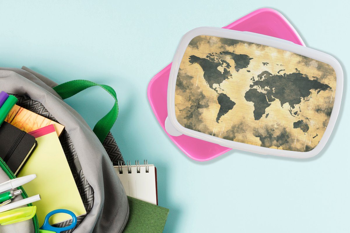 (2-tlg), Weltkarte Kunststoff, - Schwarz für - MuchoWow Braun, rosa Brotbox Kinder, Brotdose Kunststoff Mädchen, Erwachsene, Lunchbox Snackbox,