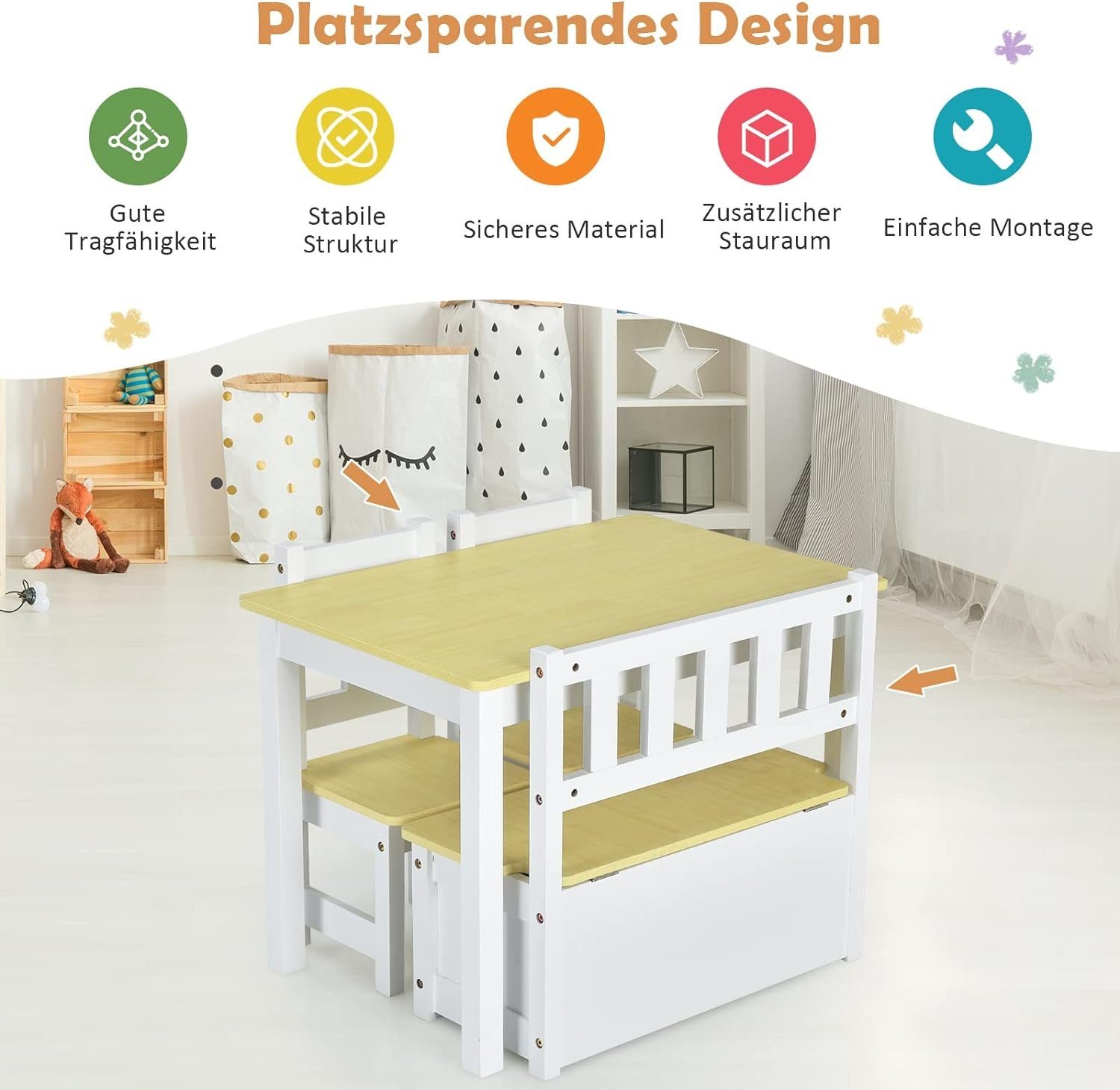 (Set), 2 Kindersitzgruppe natur Tisch TLG., KOMFOTTEU 4 und Stühle