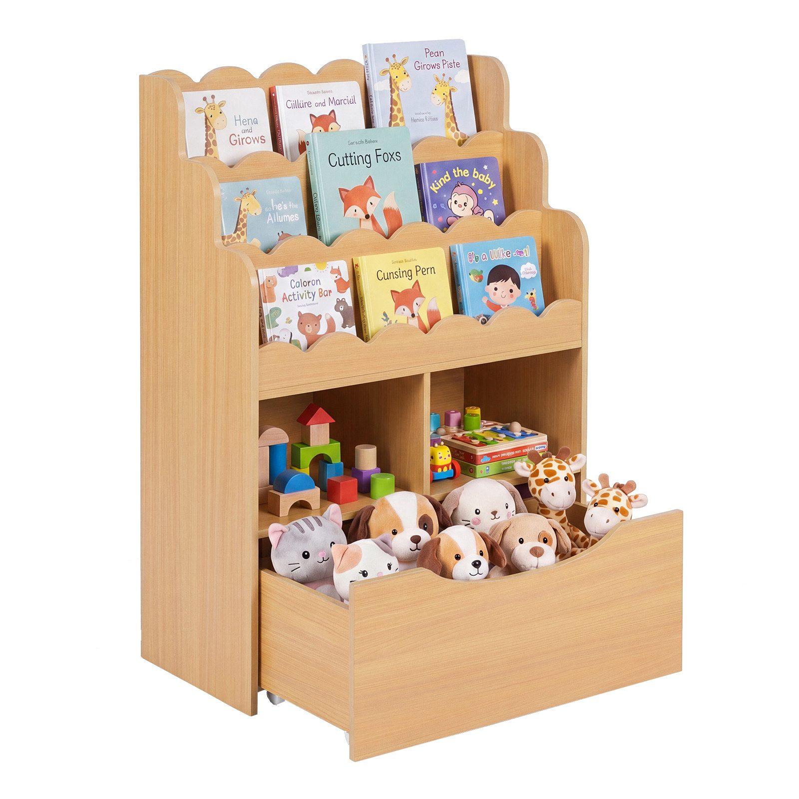 COSTWAY Kinderregal, Spielzeugregal mit 5 Ebenen, Schubladen auf Rollen & 2 offenen Fächern