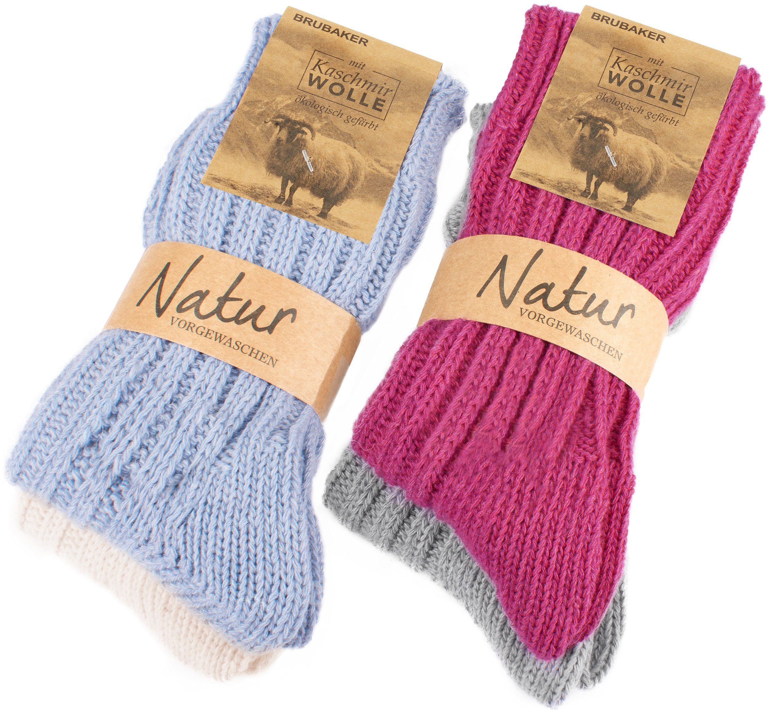 BRUBAKER Kuschelsocken warme Grobstrick Kaschmir-Socken (4-Paar, 48% Schafswolle und 40% Cashmere Anteil) Wintersocken für Damen und Herren Blau, Pink, Beige und Grau