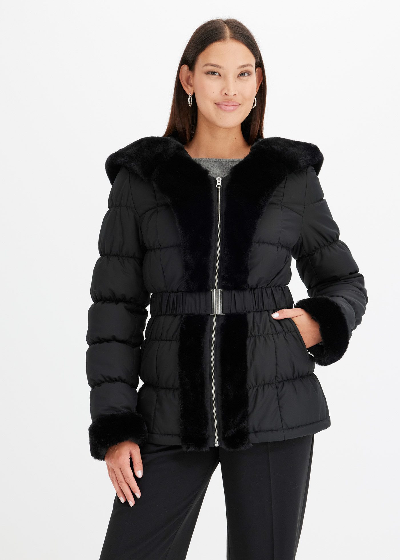 bonprix Steppjacke eleganter Look, mit Kapuze und Fellimitat, Winterjacke
