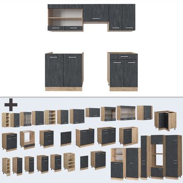 Livinity® Küchenzeile R-Line, Schwarz Beton/Goldkraft Eiche, 200 cm AP Eiche