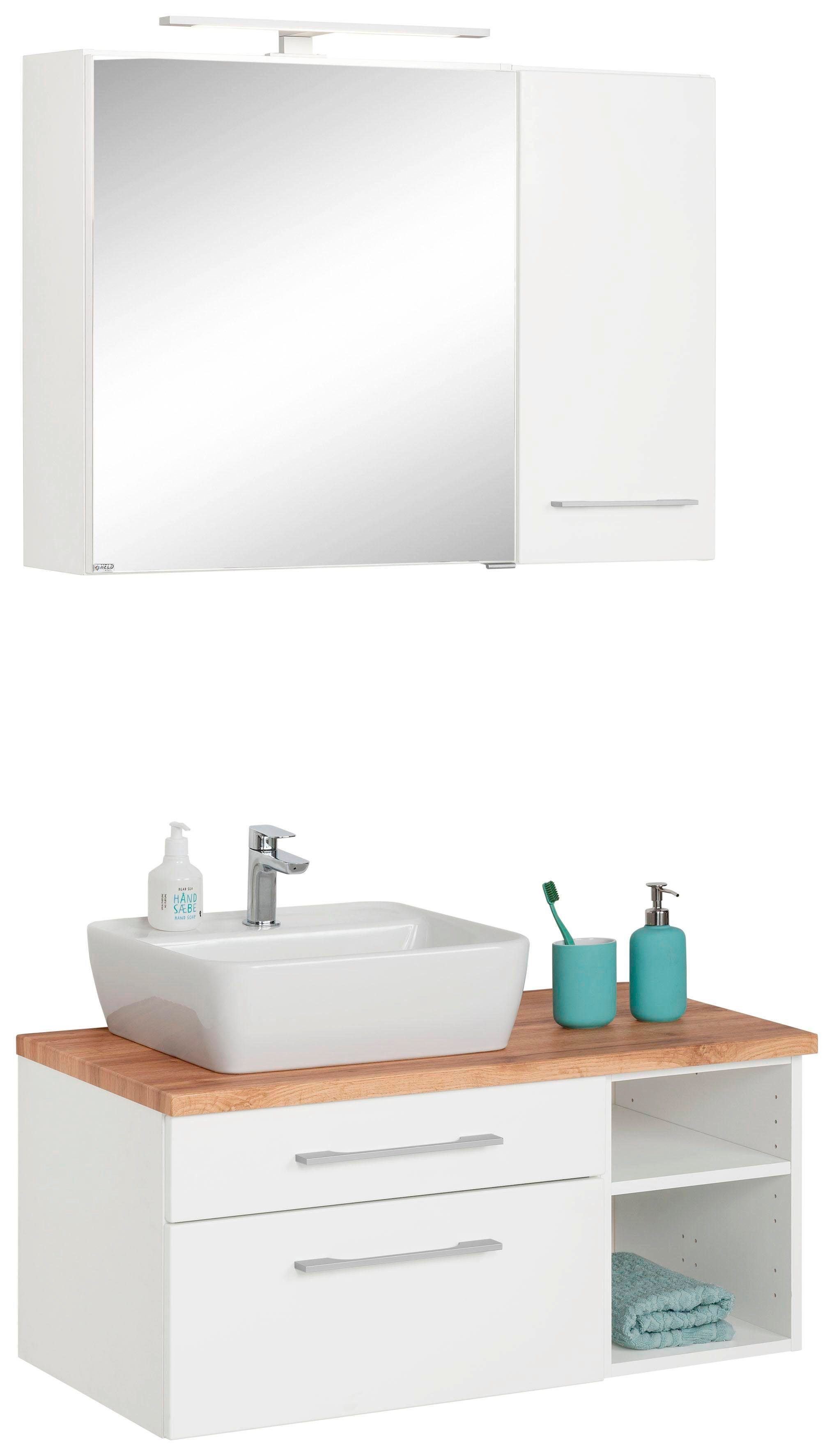 welltime Badmöbel-Set Davos, (3-St), Spiegelschrank mit extra Regal