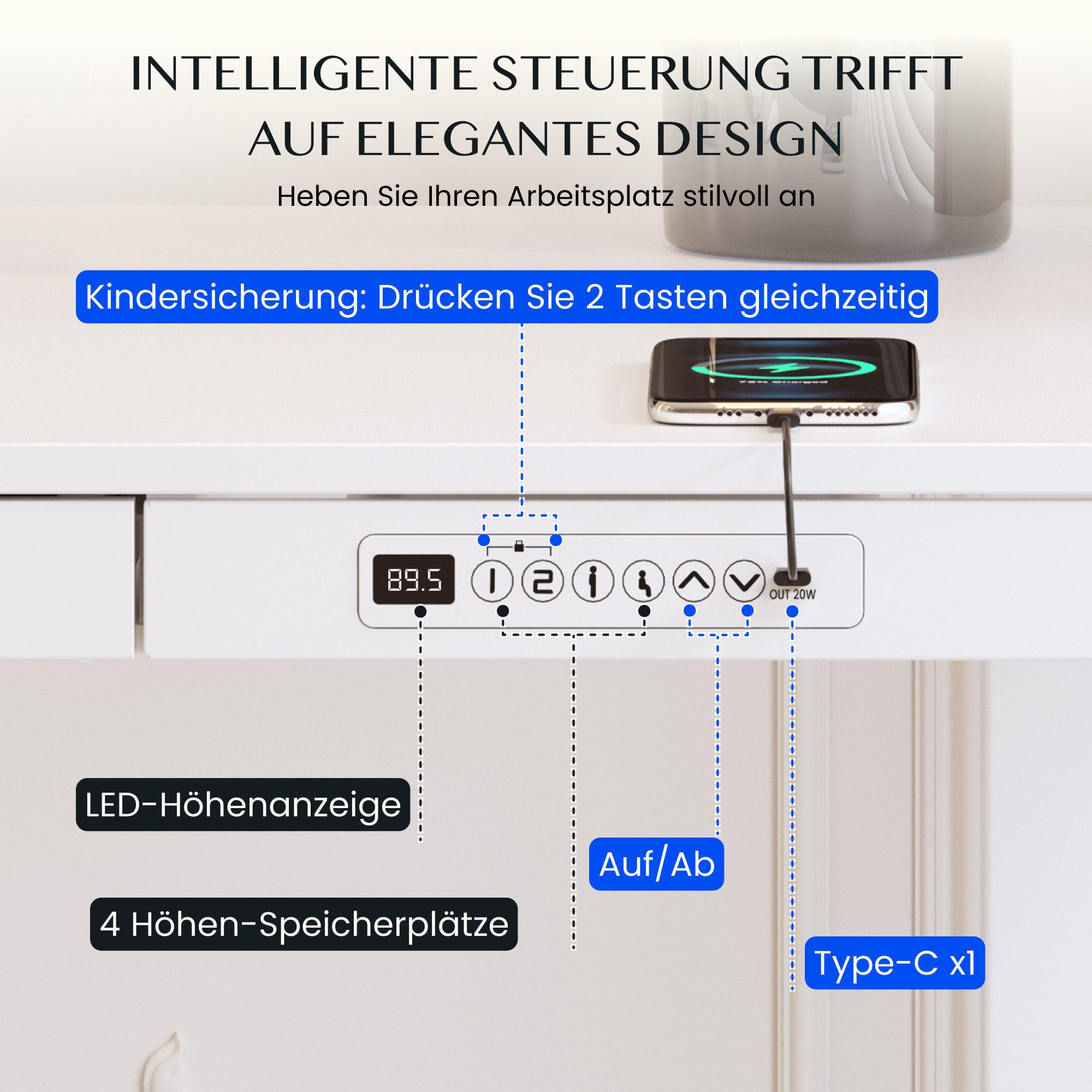 FLEXISPOT Schreibtisch Höhenverstellbarer Schreibtisch MIT Schubladen (mit LED-Höhenanzeige, 4 Speicherhöhen, Anti-Kollisionssystem, USB-C Anschluss), EINFACHE MONTAGE, leise & ergonomisch