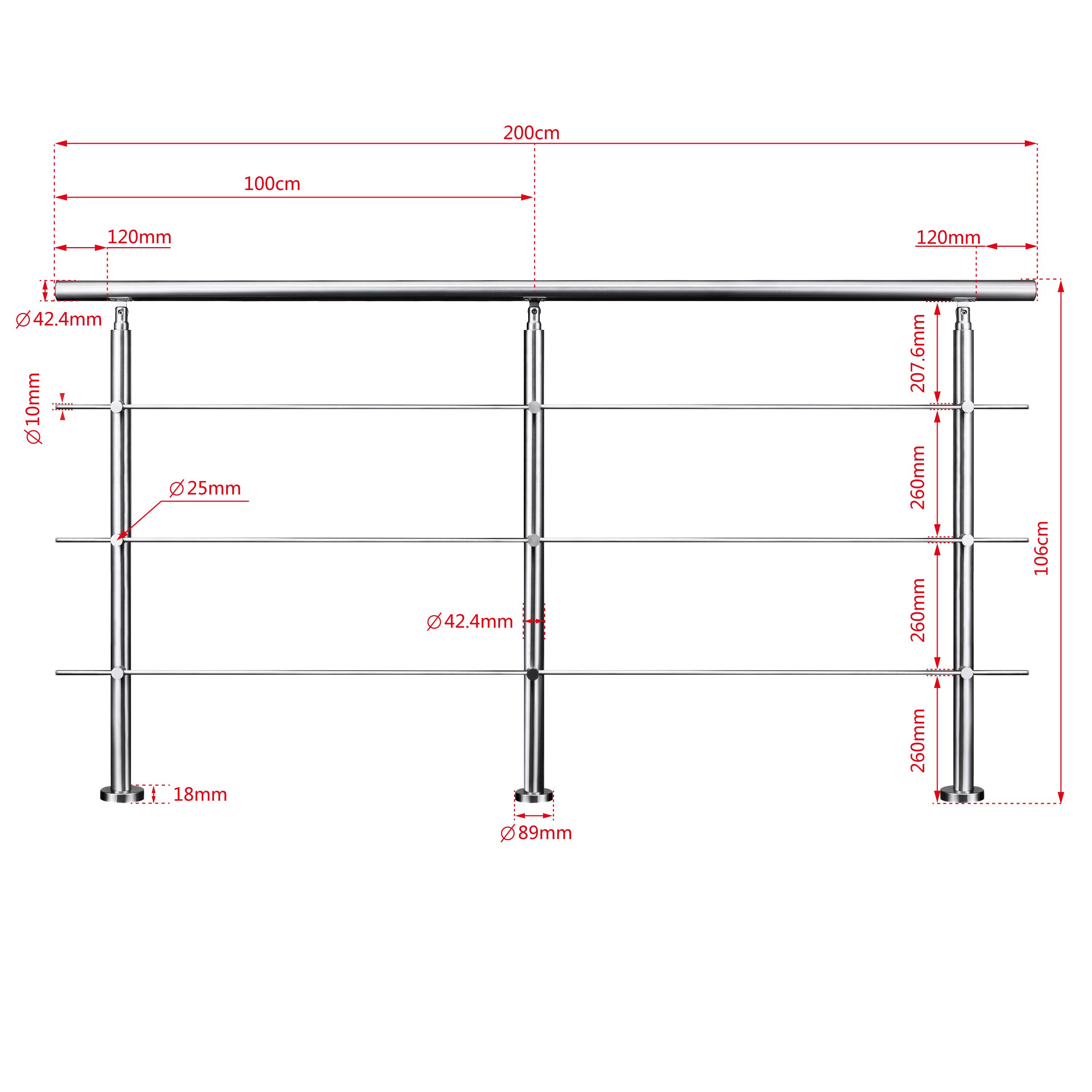 AICA Treppengeländer AICA Edelstahl-Geländer mit Handlauf, Länge 200/220/240 cm, 220 cm Länge, Packung, 3-tlg., Bodenmontage, 3 Pfosten und 3 oder 5 Querstäbe,  – Bild 2 von 5