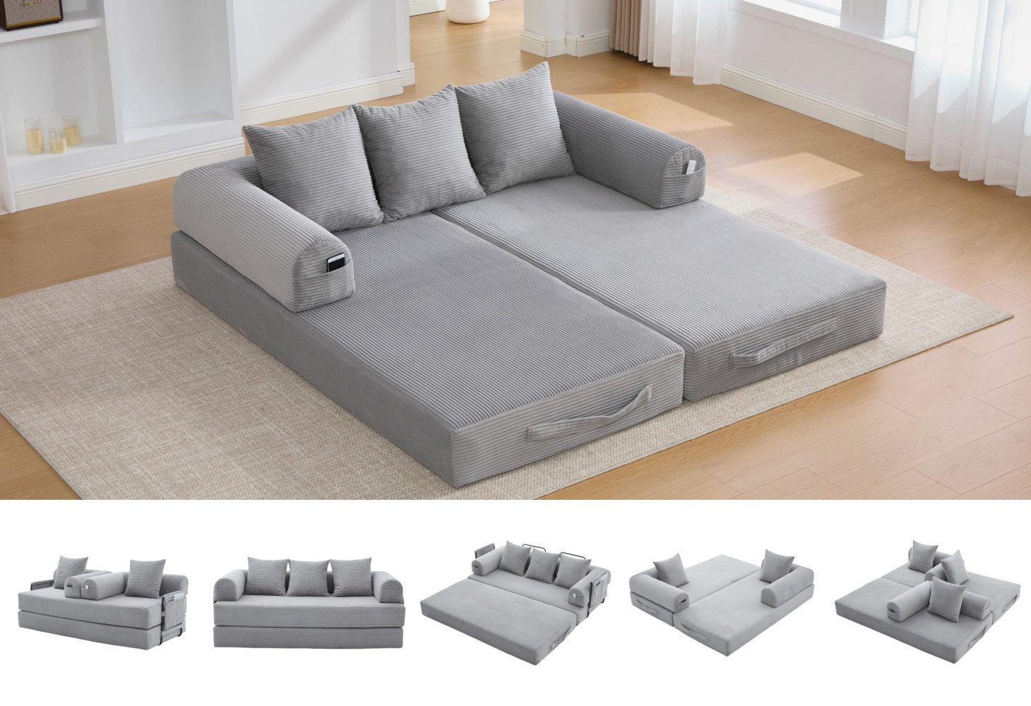 LVHOM Loungesofa faltbar mit Schlaffunktion, Stabil-/abnehmbarer Außenrahmen aus Metall, frei kombinierbar, Liege- oder Klappsofa, 3 Kissen, Hochelastischer Schaumstoff, weicher Cordstoff, Praktische Seitentaschen zur Aufbewahrung, Ideal für flexible Raumgestaltung in Wohn- oder Kleinwohnungen, Tragfähigkeit 300kg, als Gästebett nutzbar,Arbeitszimmer/Wohnzimmer