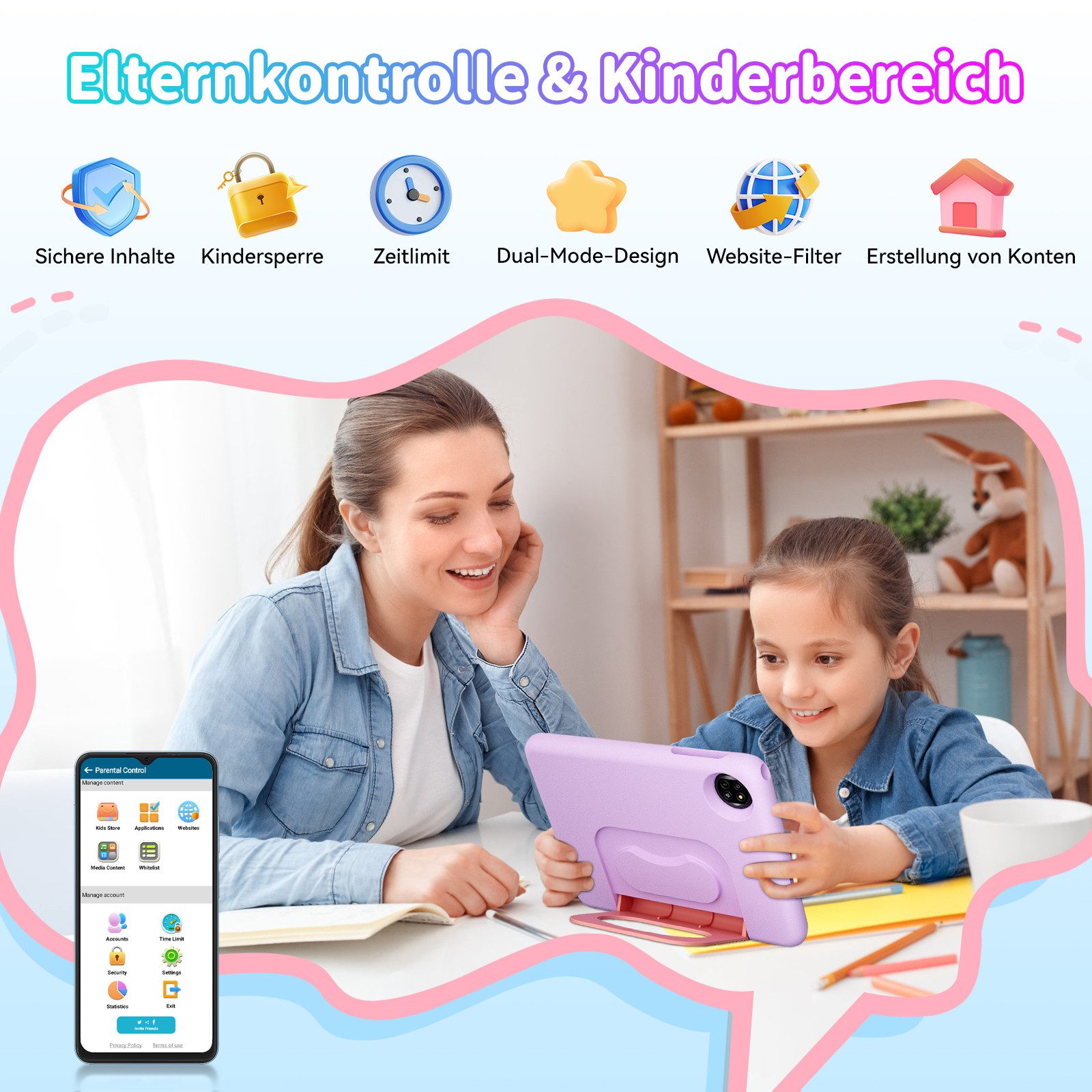 blackview 10,1" Tab 20 Kids Android 15 mit Stylus Tablet (64 GB, 5G wifi, Android 15, Google Kids Space, Gemini AI 2.0)