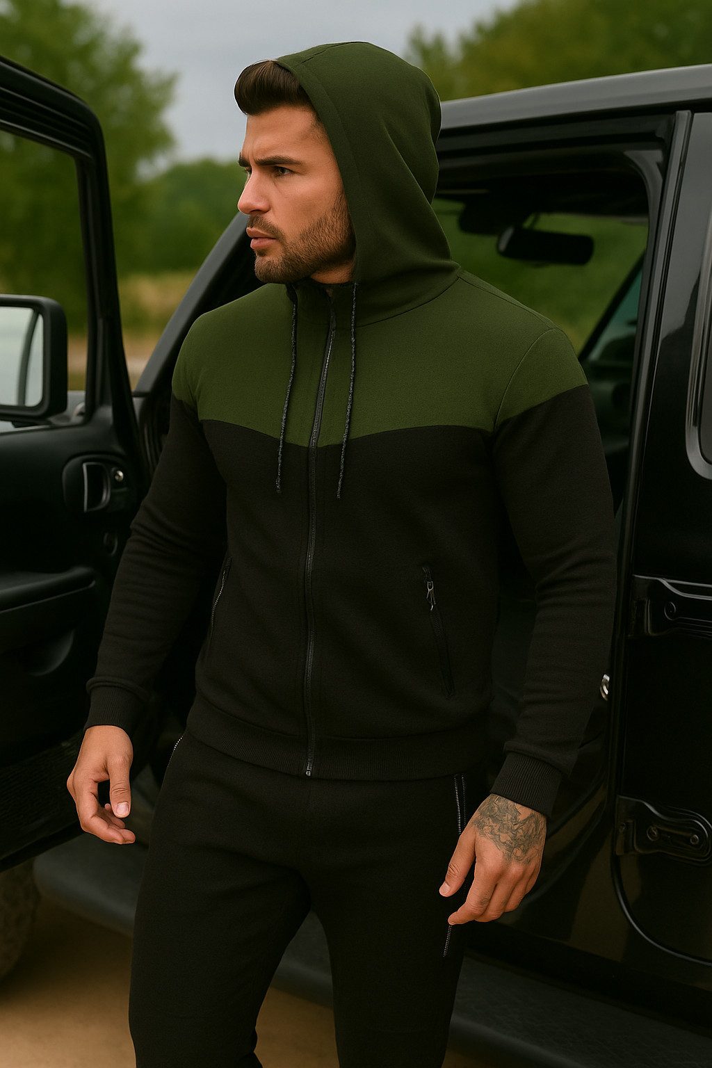L.gonline Freizeitanzug Herren Jogginganzug, Freizeitanzug 984 Schwarz Oliv M (Kapuzenjacke mit Reißverschluss, Hose, 2-tlg), Fitness Freizeit Casual – Bild 4 von 5