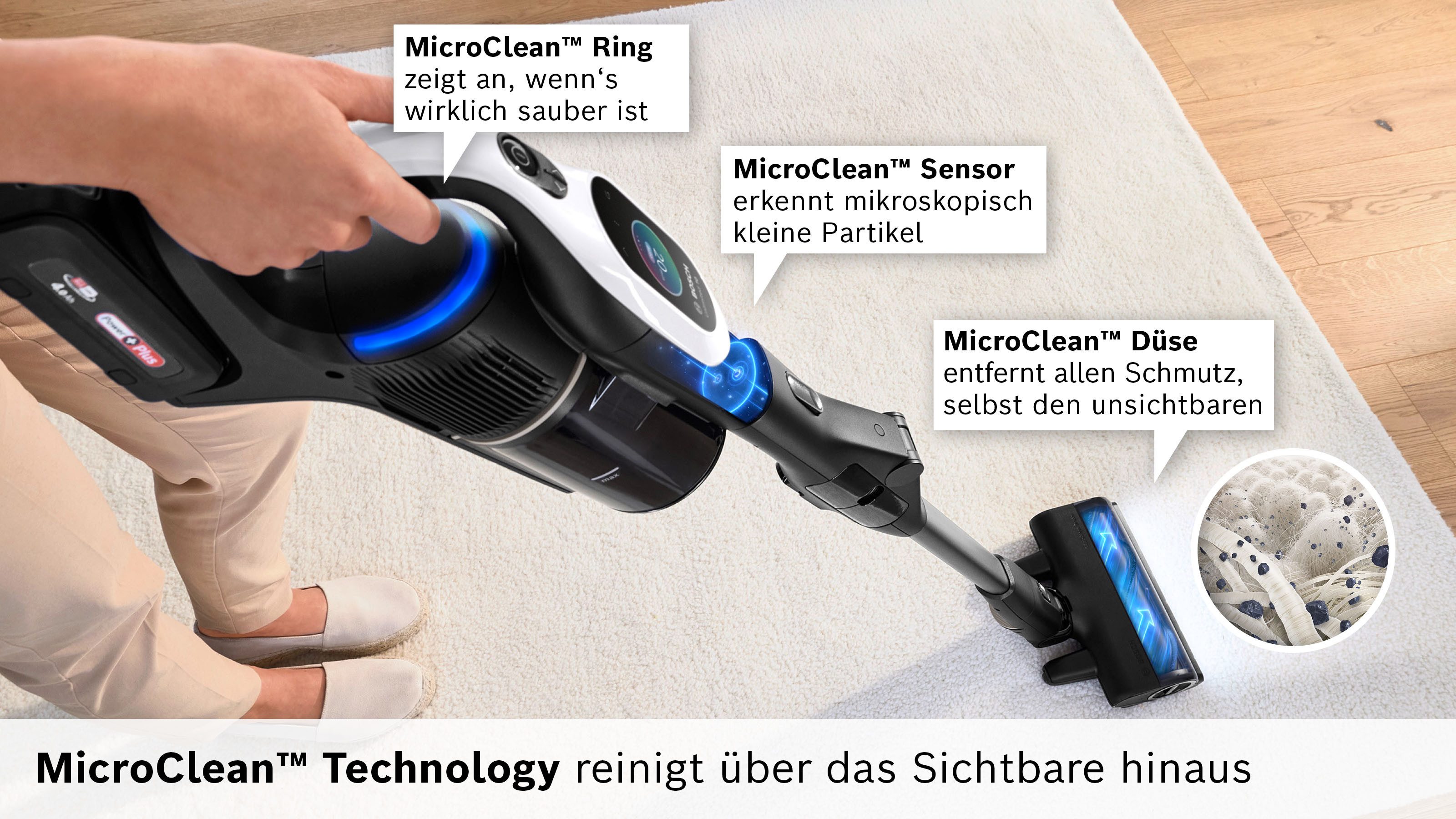 BOSCH Akku-Stielstaubsauger Unlimited 10 BTS1042WAC, TESTSIEGER, 10 J. Motorgarantie, beutellos, Display, Knickrohr, HEPA-Filtersystem, Schnellladegerät, 2 Akkus, weiß