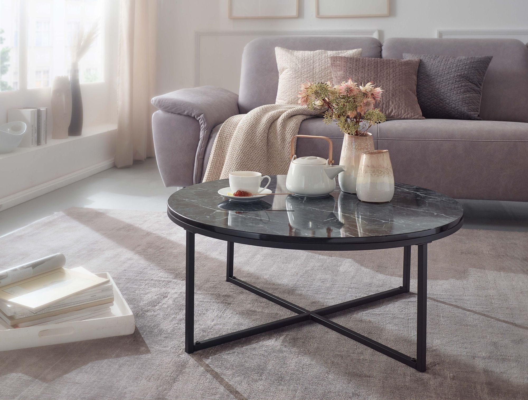 Wohnling Couchtisch WL6.247 Marmor Optik Schwarz Tisch Ø80cm Wohnzimmertisch Rund Metal (80x36x80 cm Marmor Optik Schwarz, Sofatisch Rund), Wohnzimmertisch mit Metall-Gestell, Kaffeetisch