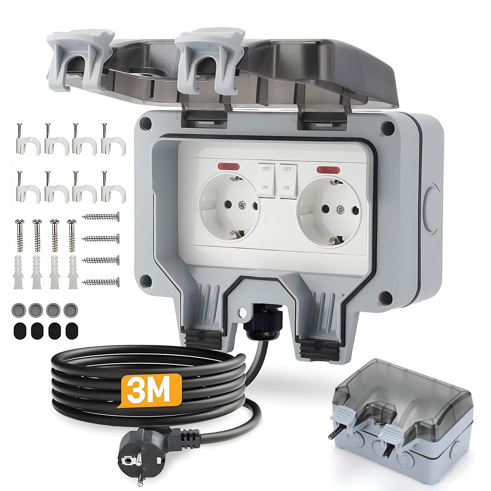 AKKEE Gartensteckdose Außensteckdose Steckdose Garten IP66 Wasserdicht Mit 3M Kabel, 2 Fach Outdoor 16A Gartensteckdose mit Klappdeckel