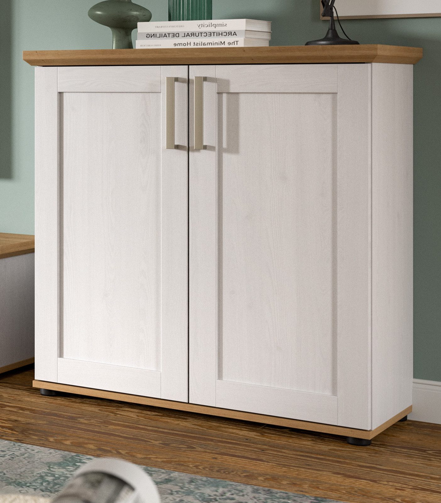 Inn.Furn Kommode Mirano (Schrank in weiß Lärche Landhaus und Eiche Artisan, 84 x 88 cm), mit viel Stauraum