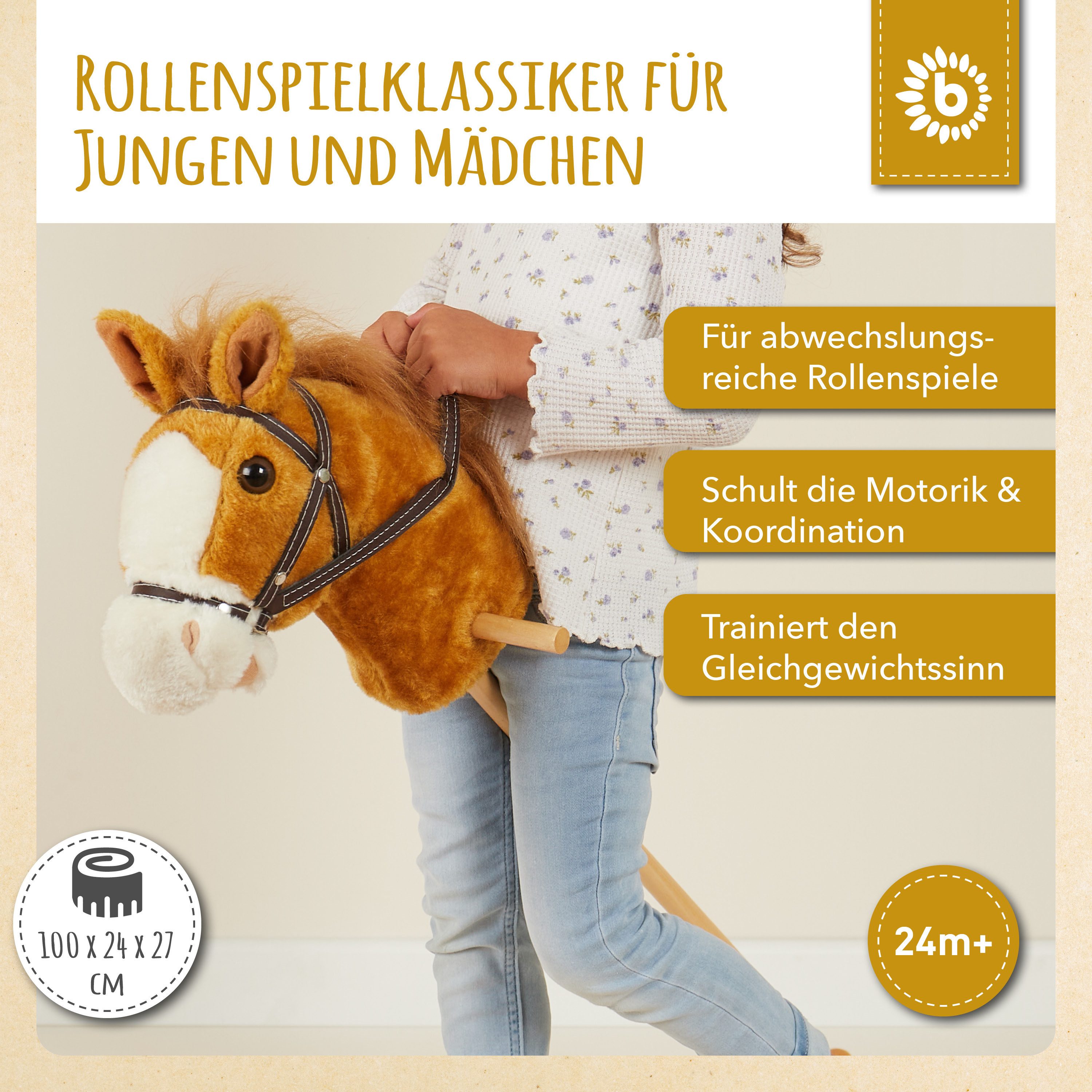 BIECO Steckenpferd Steckenpferd Kinder Brownie Hobby Horse Pferde Steckenpferd Rollen