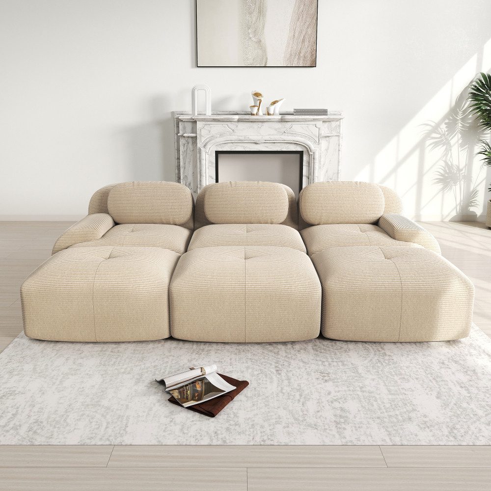 BBWL Sofa Modulares 3-Sitzer Sofa aus Cordstoff mit 3 Hockern, montagefrei, haustierfreundlich, ultra-breite Armlehnen, 32D Komfortpolsterung