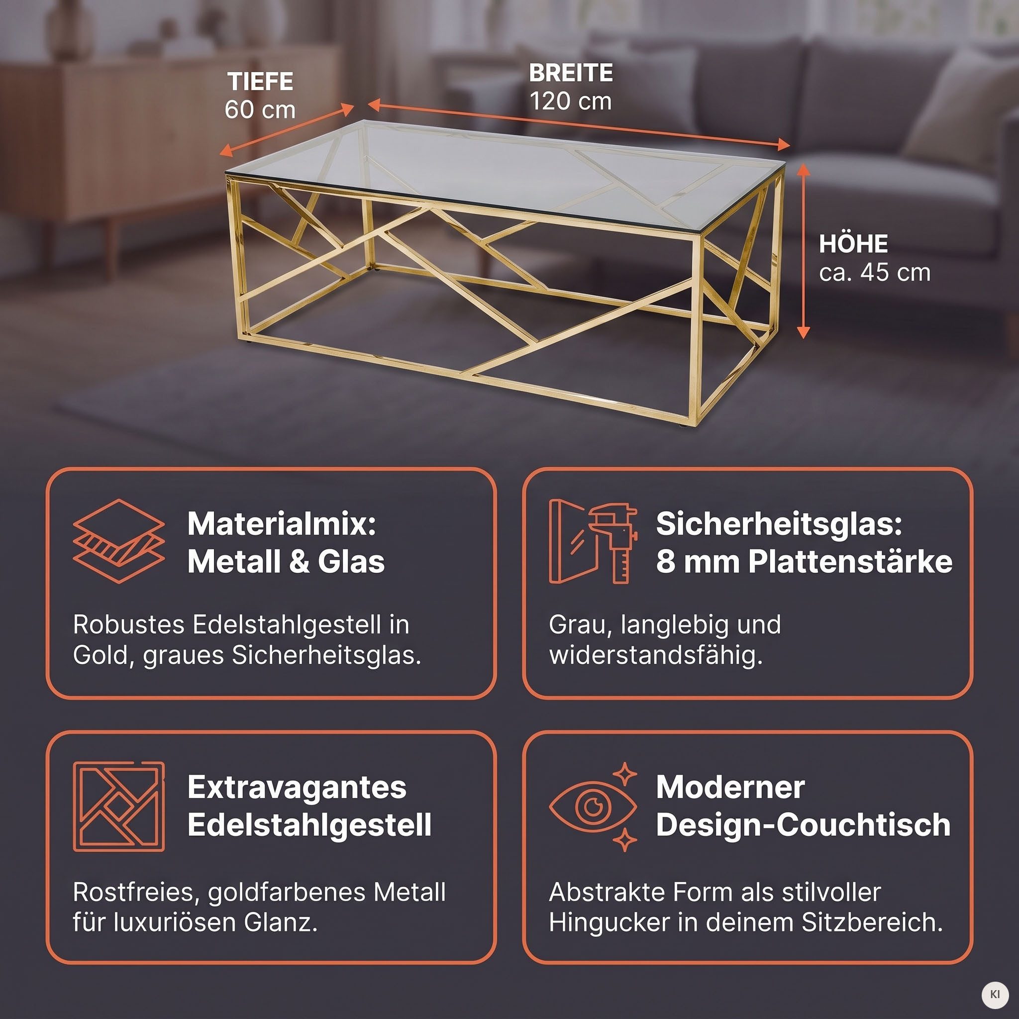 SalesFever Couchtisch Glastisch mit stilvoller Eleganz, Edelstahlgestell - rostfrei und langlebig