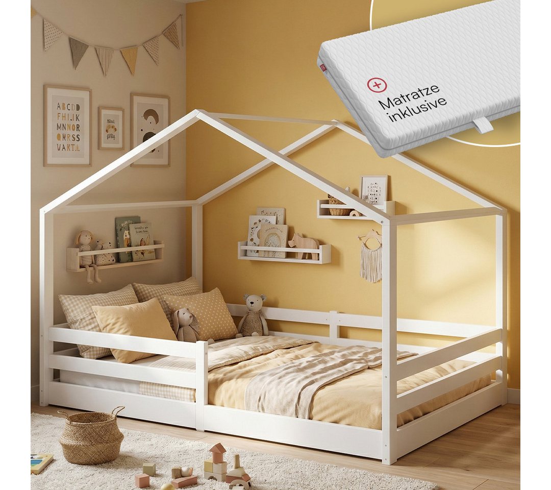 Bellabino Hausbett Abia Kinderbett mit Lattenrost und Rausfallschutz (weiß, mit Matratze), Bodenbett 140x200 cm, verfügbar in verschiedenen Ausführungen