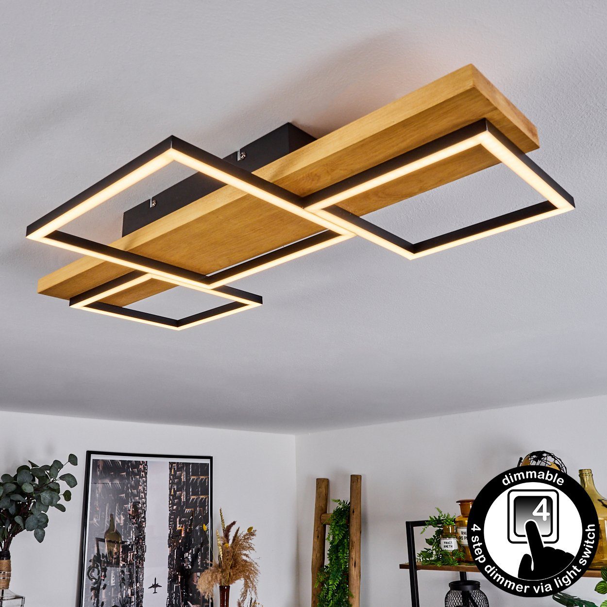 Lumen dimmbare »Palermo« dimmbar,Leuchte aus 3000 Kelvin, in Deckenleuchte hofstein Deckenlampe mit 2800 Schwarz/Natur, Holzbalken, Metall/Holz