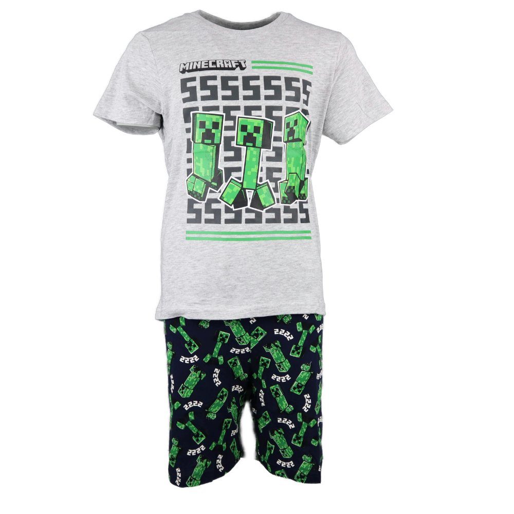 Minecraft Schlafanzug Creeper Jungen kurzer Pyjama Gr. 116 bis 152, Motivwahl Grau