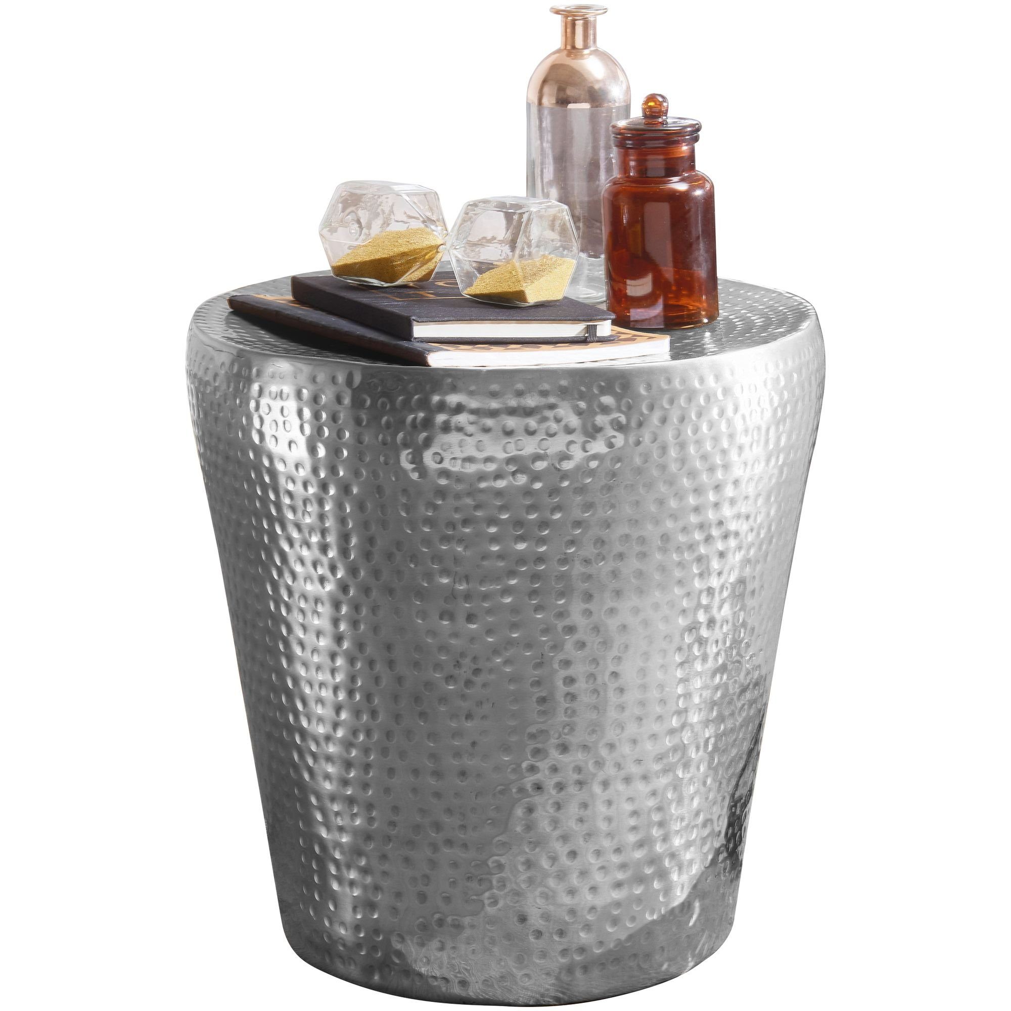 möbelando Beistelltisch Beistelltisch 41x41x41cm Aluminium Silber Dekotisc, Beistelltisch 41x41x41cm Aluminium Silber Dekotisch orientalisch rund, Kleiner Hammerschlag Abstelltisch, Designer Ablagetisch Metall modern, Anstelltisch schmal