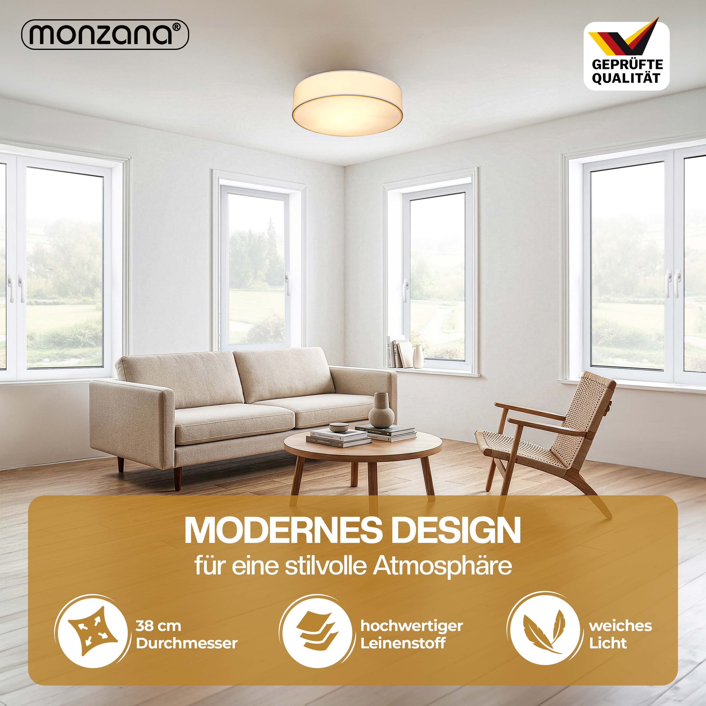 monzana Deckenleuchte Deckenleuchte, Innenbeleuchtung, Deckenlampe Stoff Weiß 38 cm Modern E27 Rund 2 Flammig Deckenleuchte