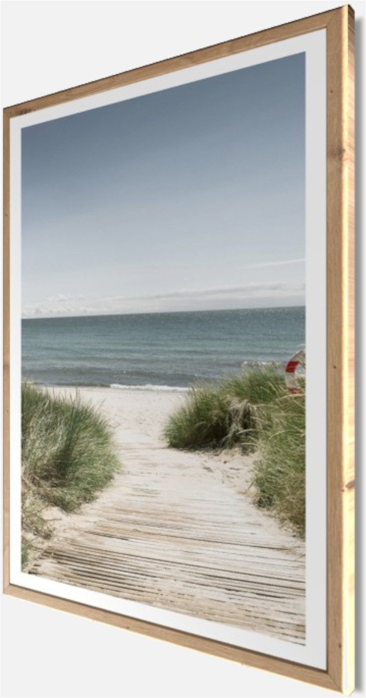 Bönninghoff Bild mit Rahmen Wandbild gerahmt STRANDWEG 50x70 cm – Holzsteg zum Meer im Scandi Stil, Düne, Gräser, Küste, Landschaft, Meer, Natur, Strand (1 St), – Bild 3 von 5
