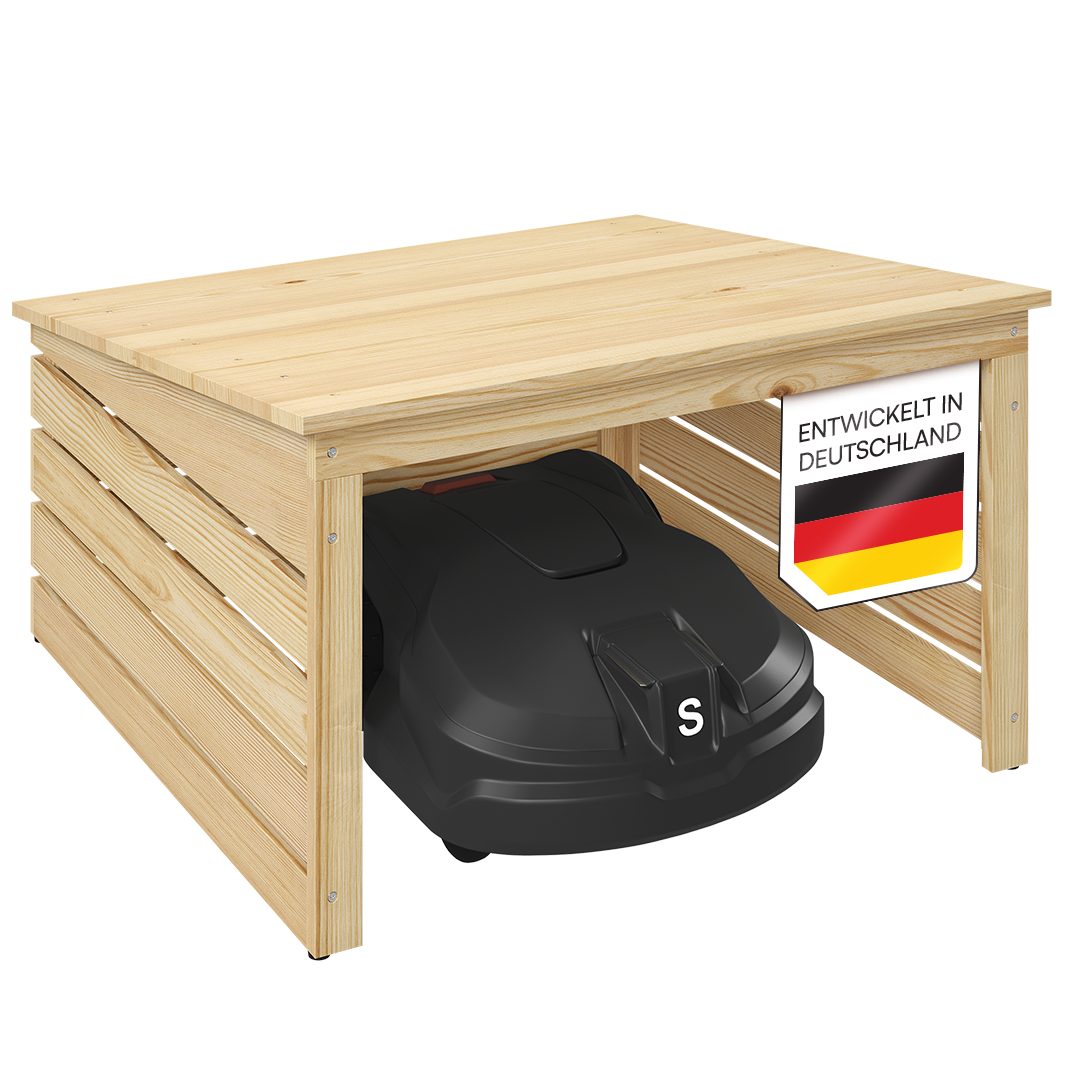 STEELSØN Mähroboter-Garage Myrion mit Pultdach aus Kiefernholz, BxTxH: 77x77x45 cm, für gängige Rasenmähroboter, (Natur), Mähroboterhaus mit Kabeldurchlass, Rasenmäher Unterstand wetterfest
