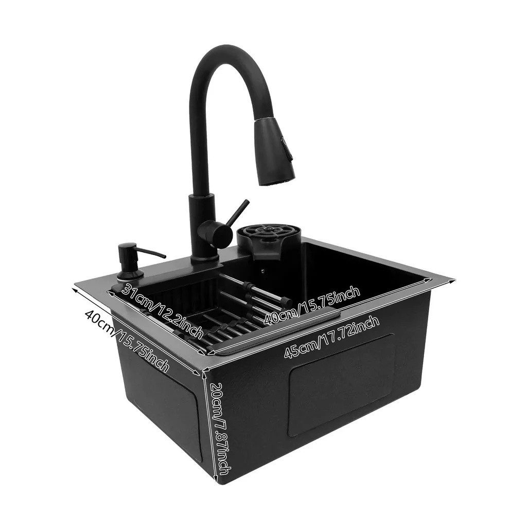 Faizee Home Stainless Steel Kitchen Sink, Black, with Wave Faucet & Accessories, 45 x 45 x 21.5 cm