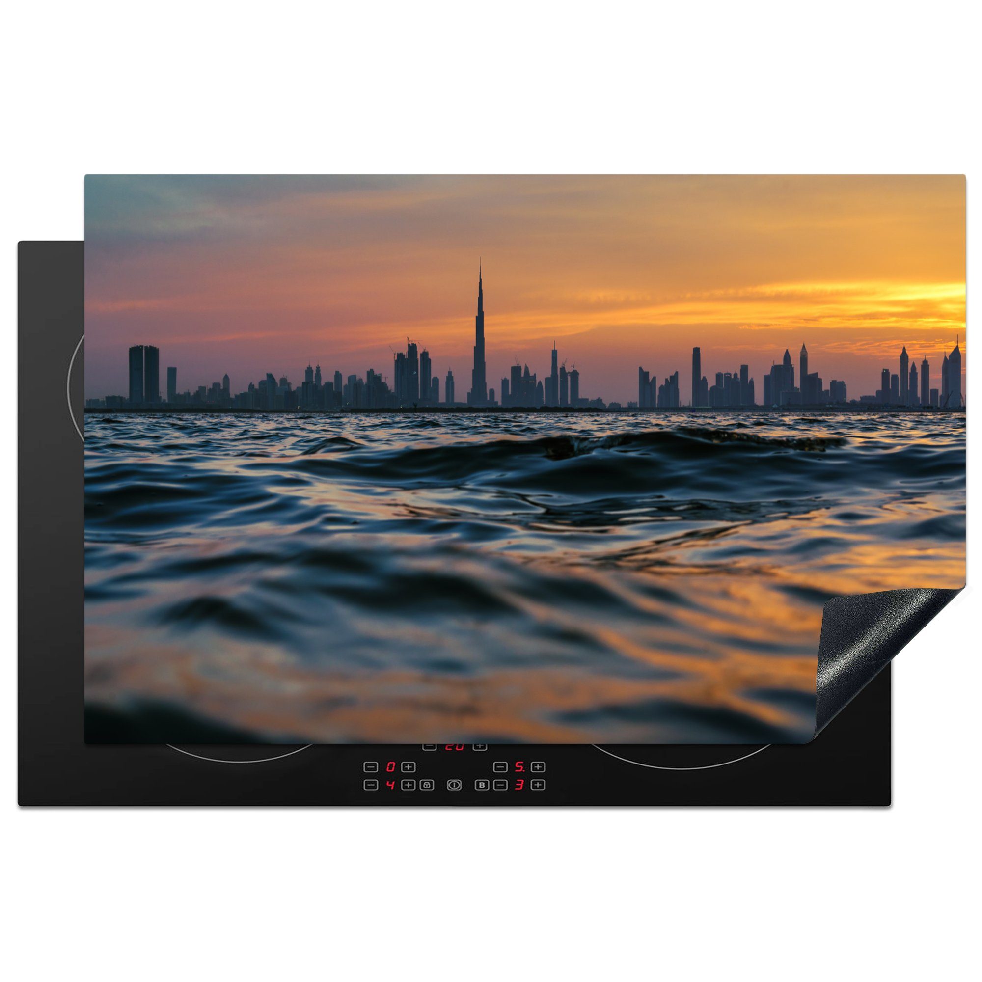 Khalifa für MuchoWow Induktionskochfeld Burj Vinyl, küche, 81x52 bei Sonnenuntergang, die Herdblende-/Abdeckplatte (1 mit Skyline cm, Ceranfeldabdeckung tlg), von Schutz Dubai