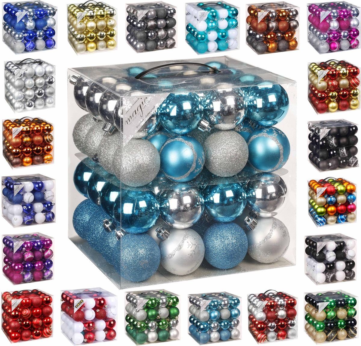 JACK Christbaumschmuck 64x Kunststoff Christbaumkugeln Ø 6cm Baum Kugeln inkl. Aufhänger, Mit praktischer Aufbewahrungsbox, Optik: matt / glänzend / glitzernd