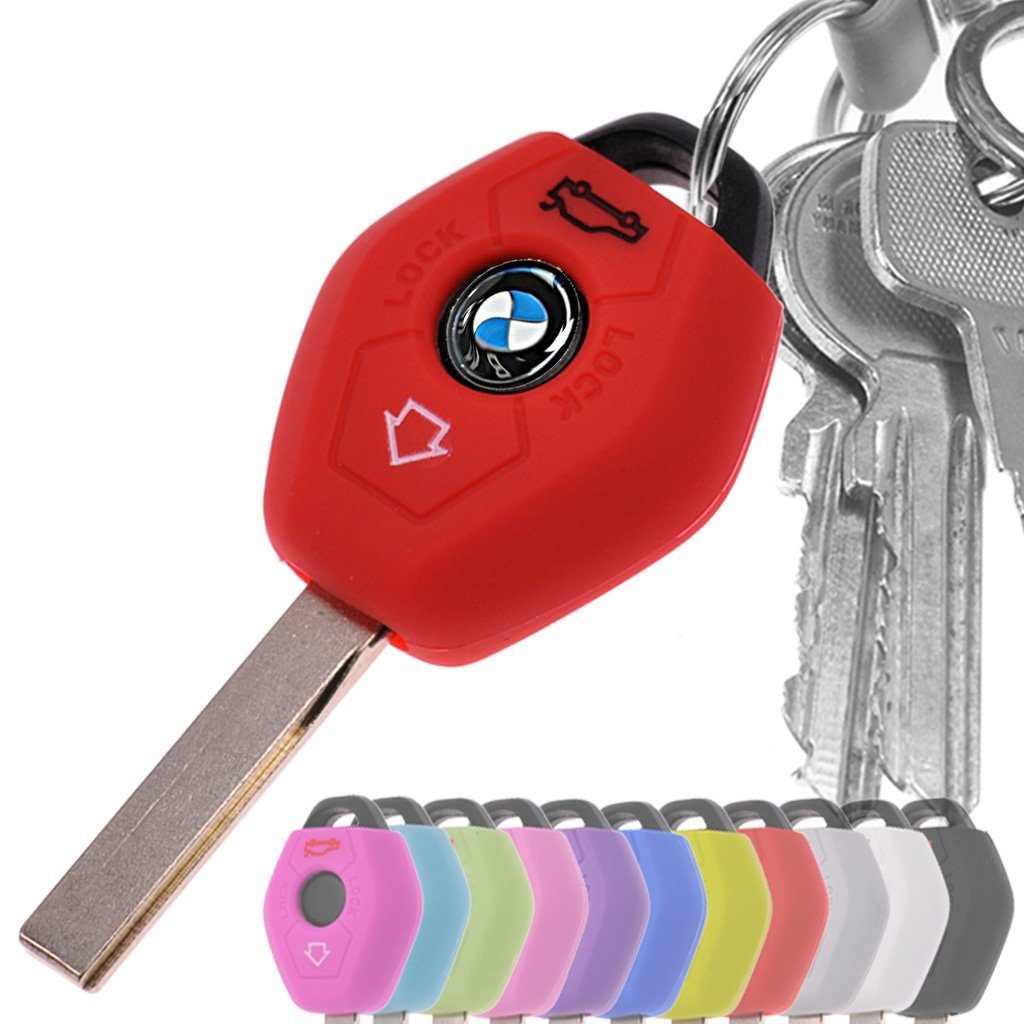 mt-key Schlüsseltasche Autoschlüssel Softcase Silikon Schutzhülle Rot, für BMW E46 E83 E52 E85 E86 E39 E61 E60 E53 3 Knopf Funk Fernbedienung