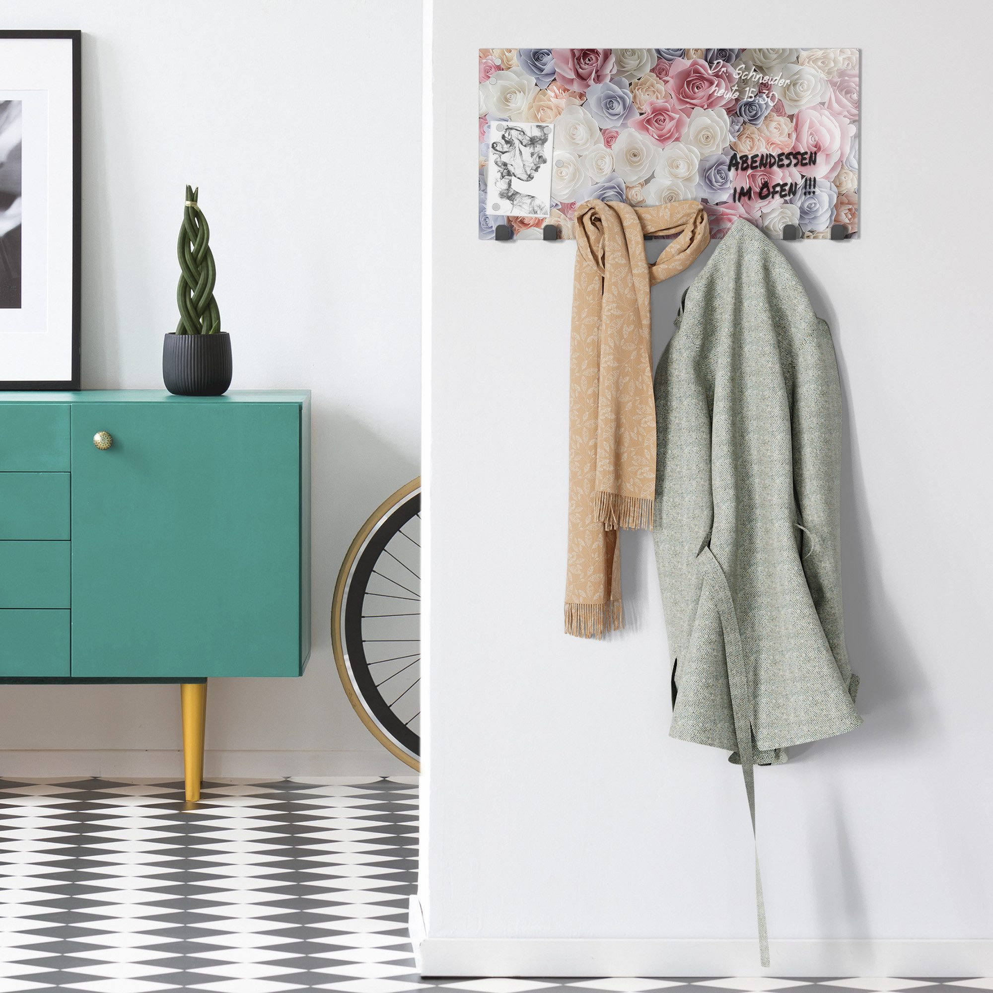 DEQORI Kleiderhaken 'Sanfte Pastell Rosen', Glas Garderobe Paneel magnetisch beschreibbar