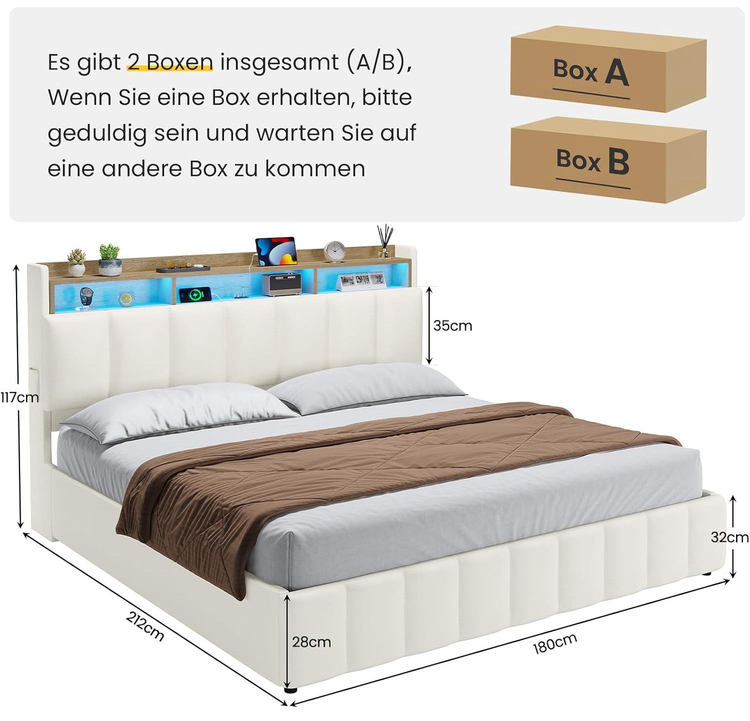 KIMENICH Polsterbett mit LED Beleuchtung und Ladefunktion (1-tlg., Ohne Matratze), Jugendbett Hydraulisches Stauraumbett, 180x200 cm
