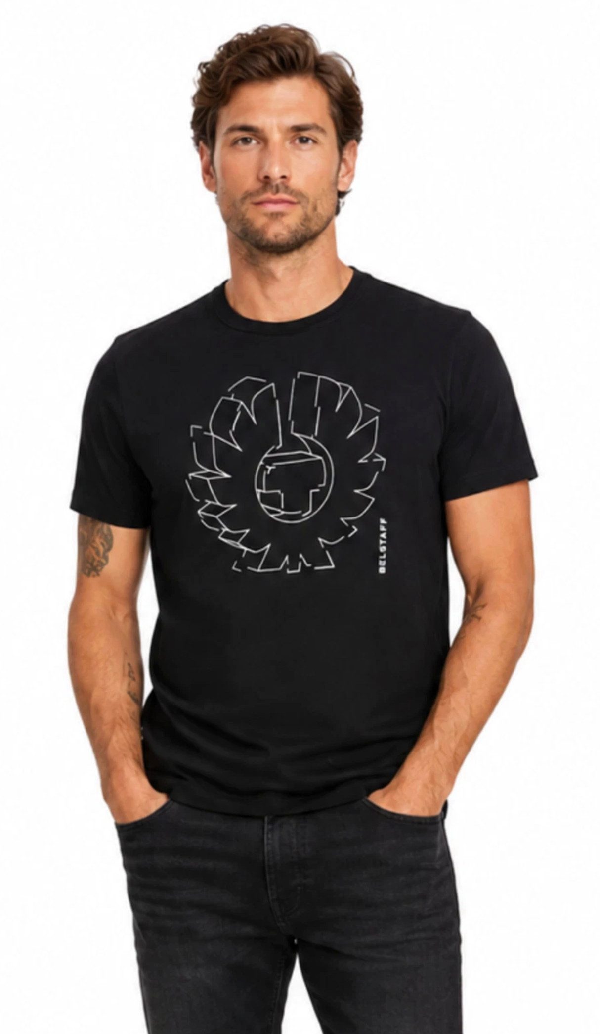 Belstaff T-Shirt London Retro Deconstructed Phoenix Cotton Regular Cut (1-tlg) Phoenix in einer geometrischen Liniengrafik neu interpretiert.