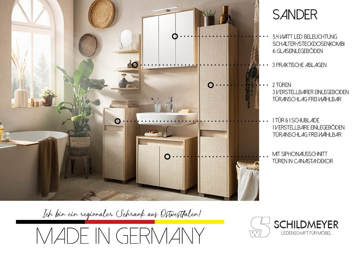 Schildmeyer Waschbeckenunterschrank Sander, Waschbeckenunterschrank, Made in Germany, B: 56,9cm Solide Verarbeitung - Dieses Produkt ist in Deutschland gefertigt