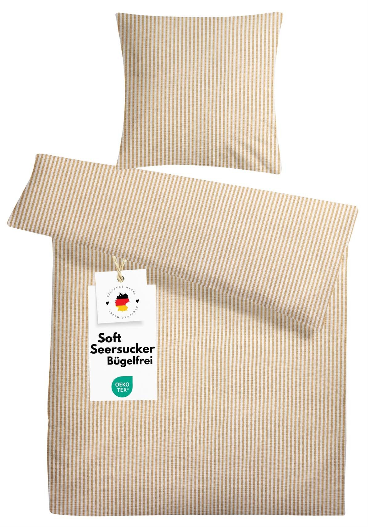 Carpe Sonno Bettwäsche Seersucker 135x200 155x220 Bügelfrei Sommer Baumwolle Streifen Muster, Seersucker, 2 teilig, Kühlende Bettwaren Pflegeleicht Beige gestreift 135 x 200
