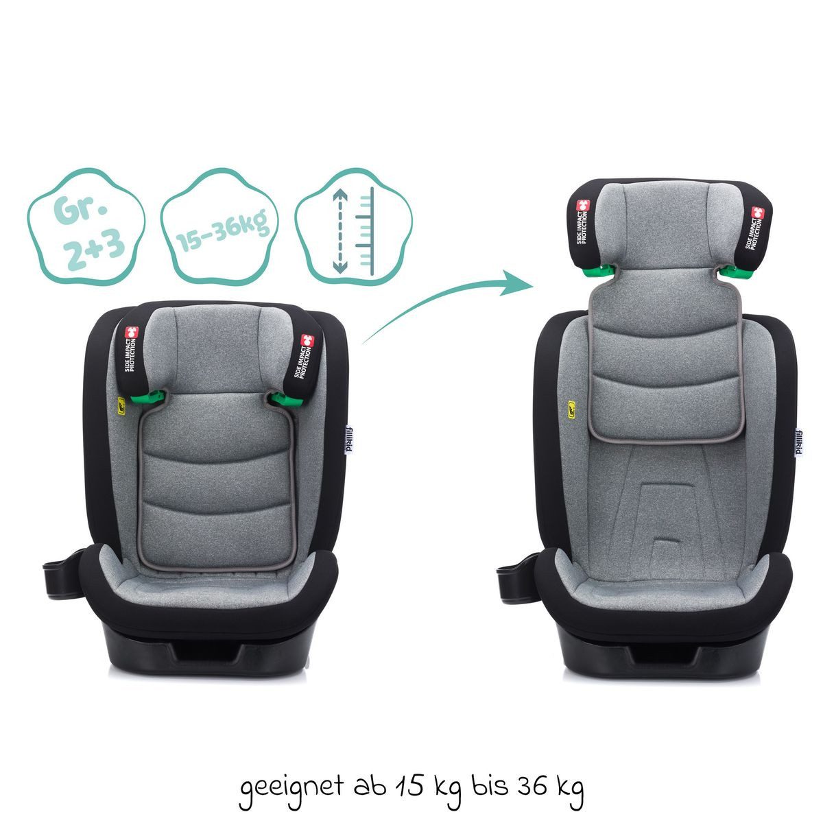 Fillikid Autokindersitz Elli Pro - Grau, Kindersitz ab 3 Jahre-12 Jahre / 100 cm-150 cm mit Isofix & Sitztasche