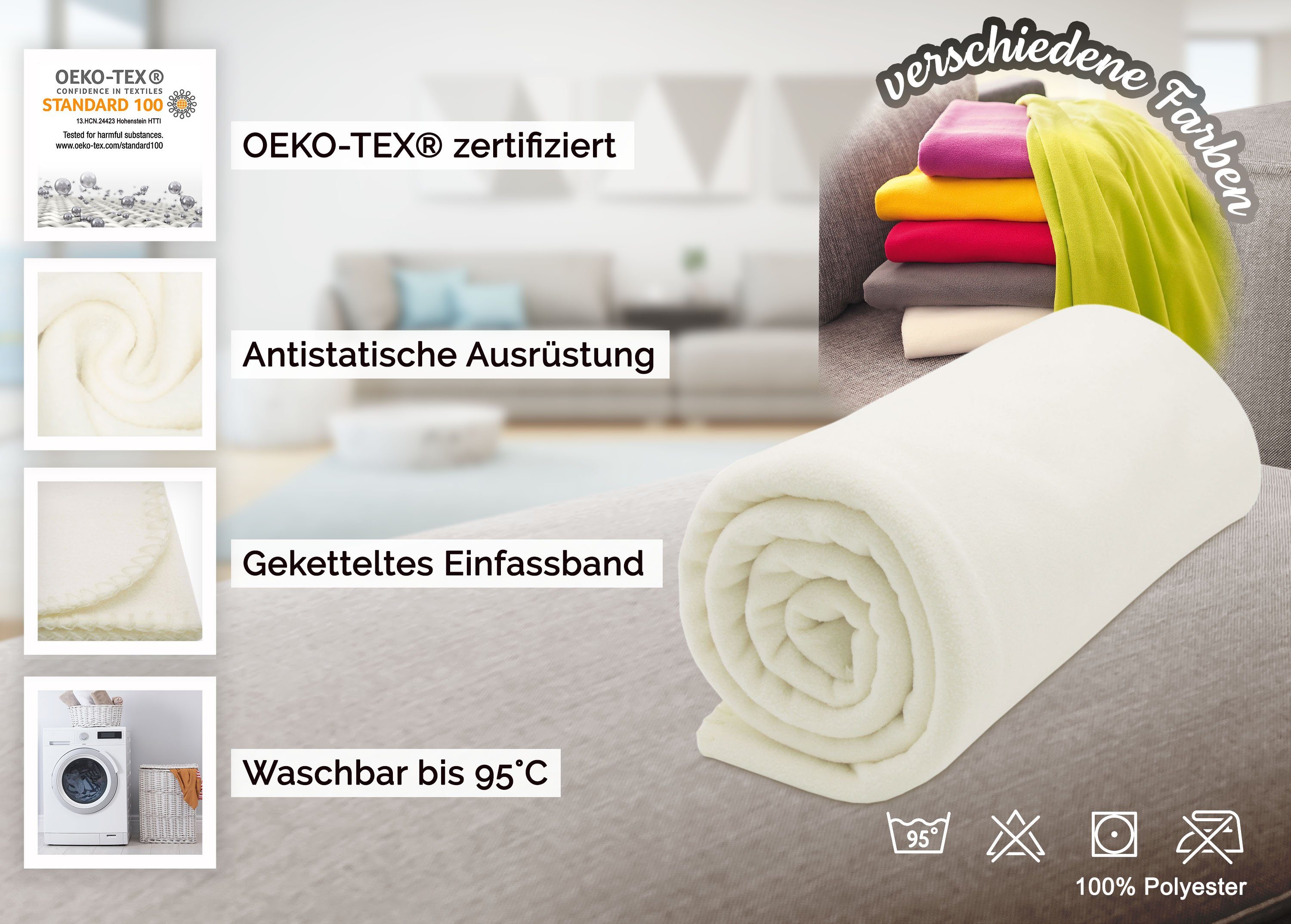 100% x 95 Polyester, cm, 130 °C, ZOLLNER, 170 waschbar 95 bis °C waschbar Wohndecke, bis creme