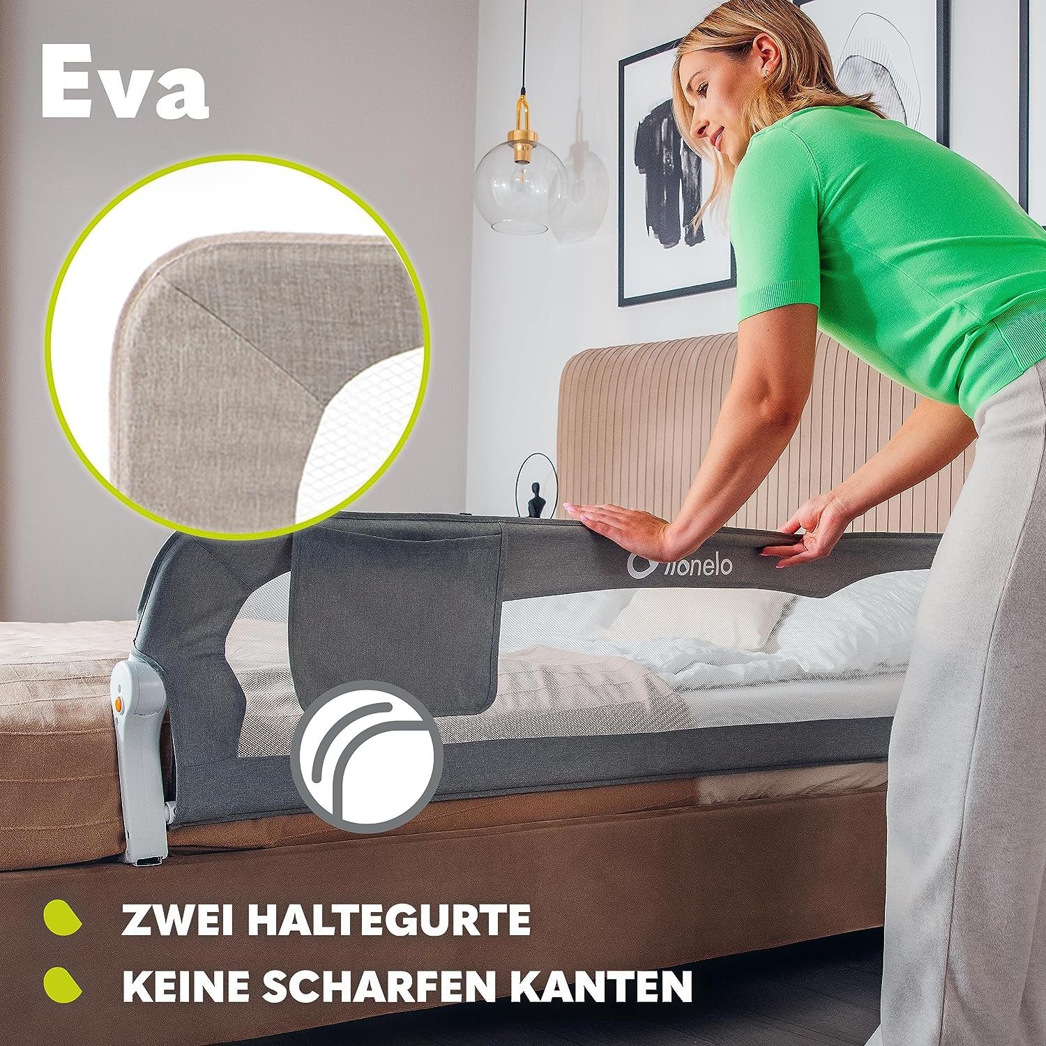 lionelo Bettschutzgitter Eva (TOP, Zwei Sicherheitsgurte, Neigungsverstellung, einfache Montage), Einfache Montage, Zusammenklappbar um 180 Grad, Robuste Konstruktion
