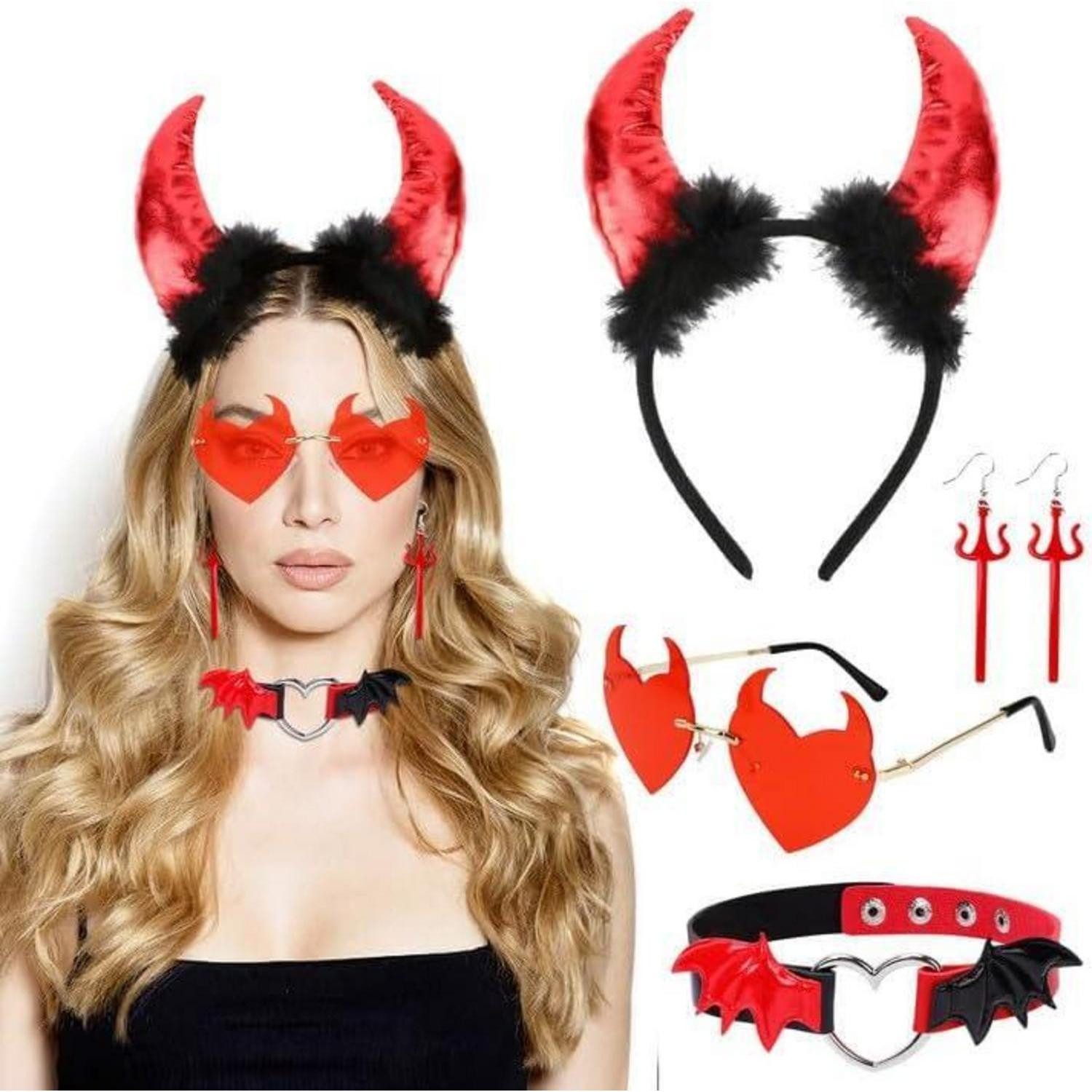LuxusKollektion Teufel-Kostüm Teufel Kostüm Halloween Haarreif Hörner Brille Engelsflügel Necklace