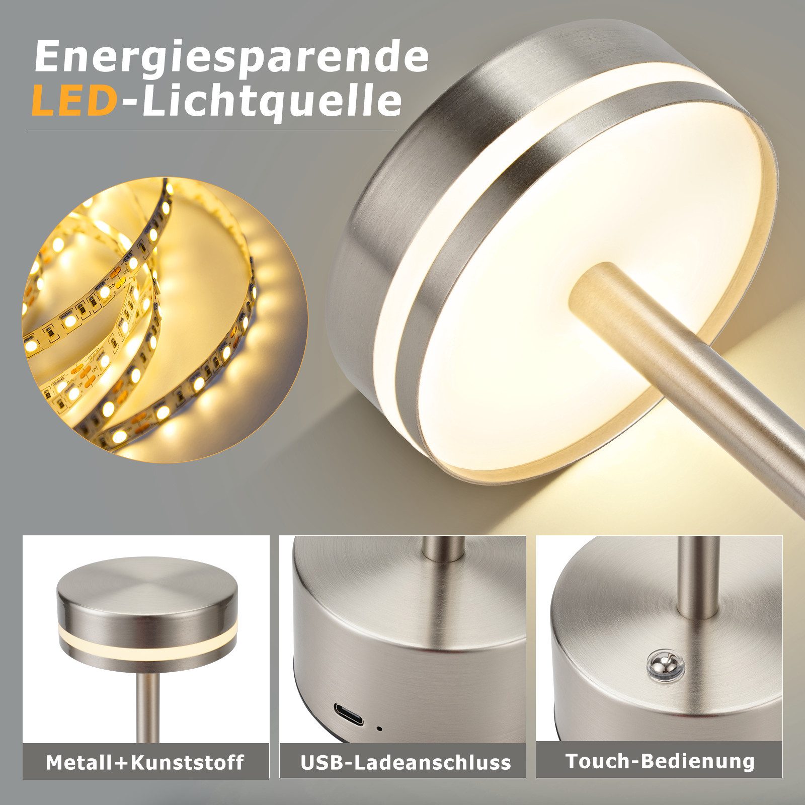 ZMH Tischleuchte Tischleuchte Gold/Schwarz/Weiß USB LED Akku Touchdimmer, Touch-Steuerung, LED fest integriert, Warmweiß-Neutralweiß-Kaltweiß, Mehrere Helligkeitsstufen