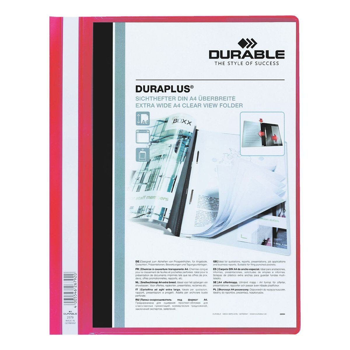 DURABLE Hefter Duraplus, Format DIN A4+, überbreit mit Klarsicht- und Innentasche